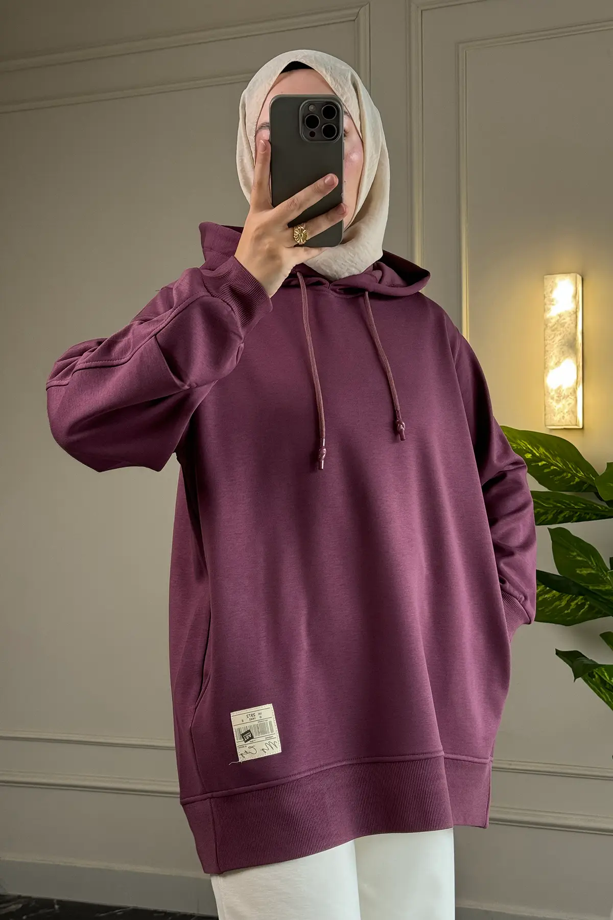 6778 - Şık Rahat Kapüşonlu Modal Kumaş Şardonlu Kadın Uzun Sweatshirt - Mürdüm