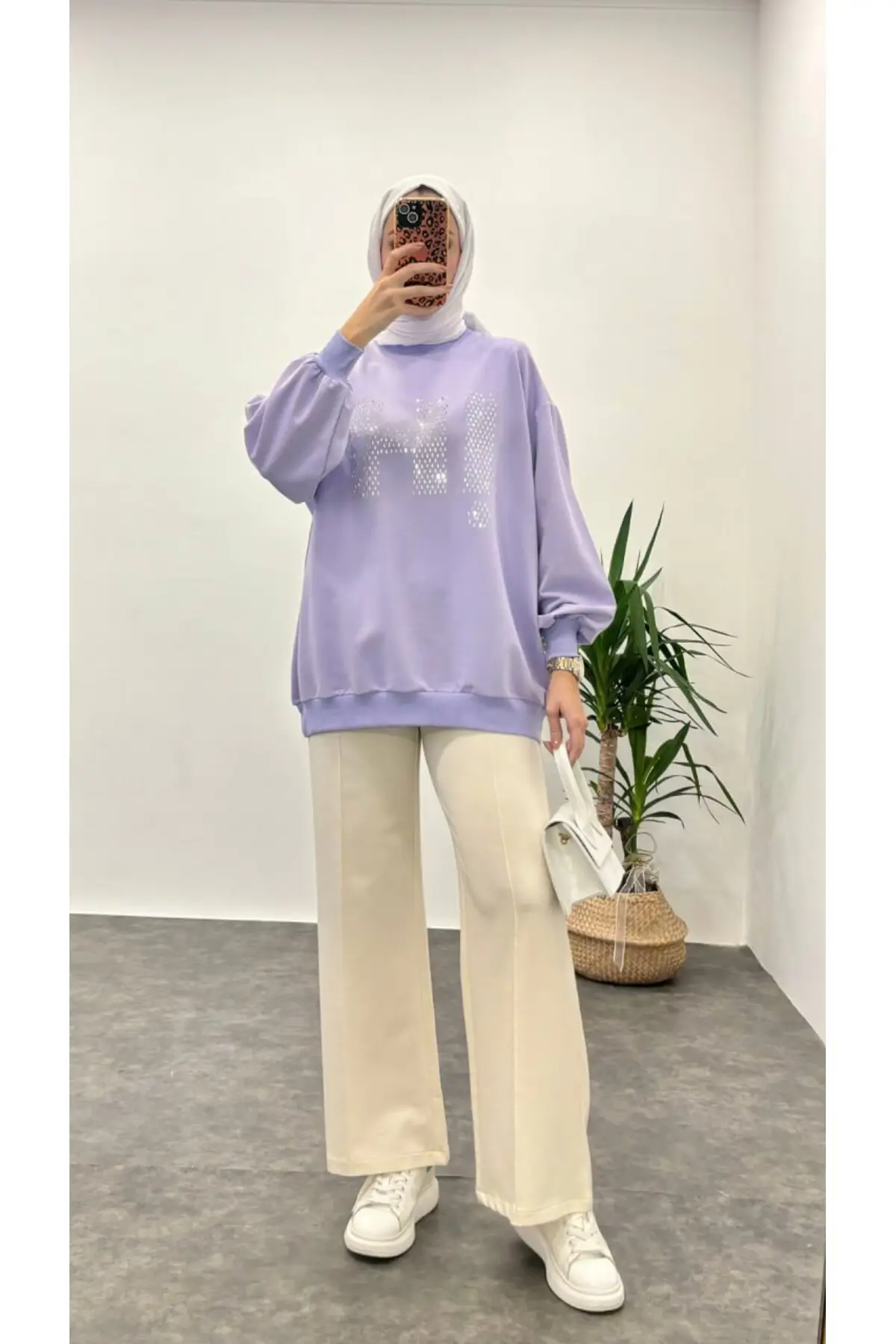 2 İplik "HI" Yapıştırma Taşlı Basic Kadın Sweater - Lila