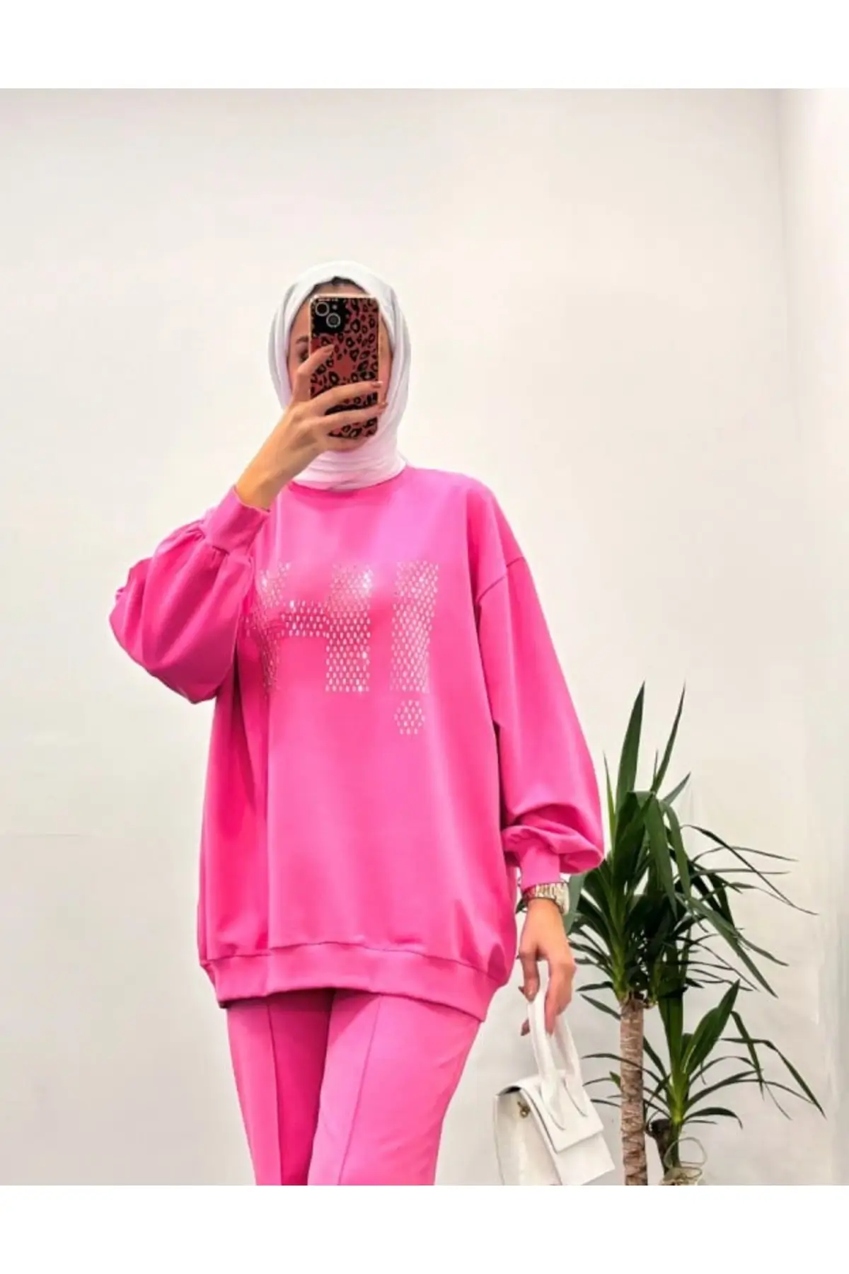 2 İplik "HI" Yapıştırma Taşlı Basic Kadın Sweater - Pembe