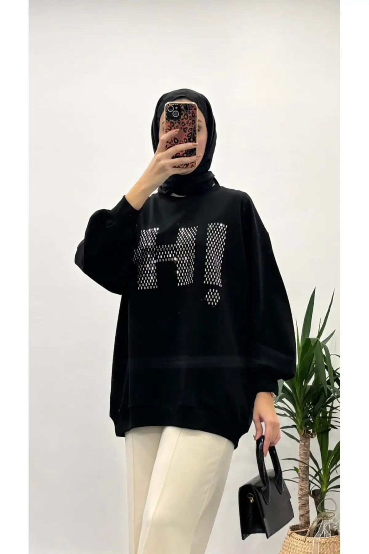 2 İplik "HI" Yapıştırma Taşlı Basic Kadın Sweater - Siyah