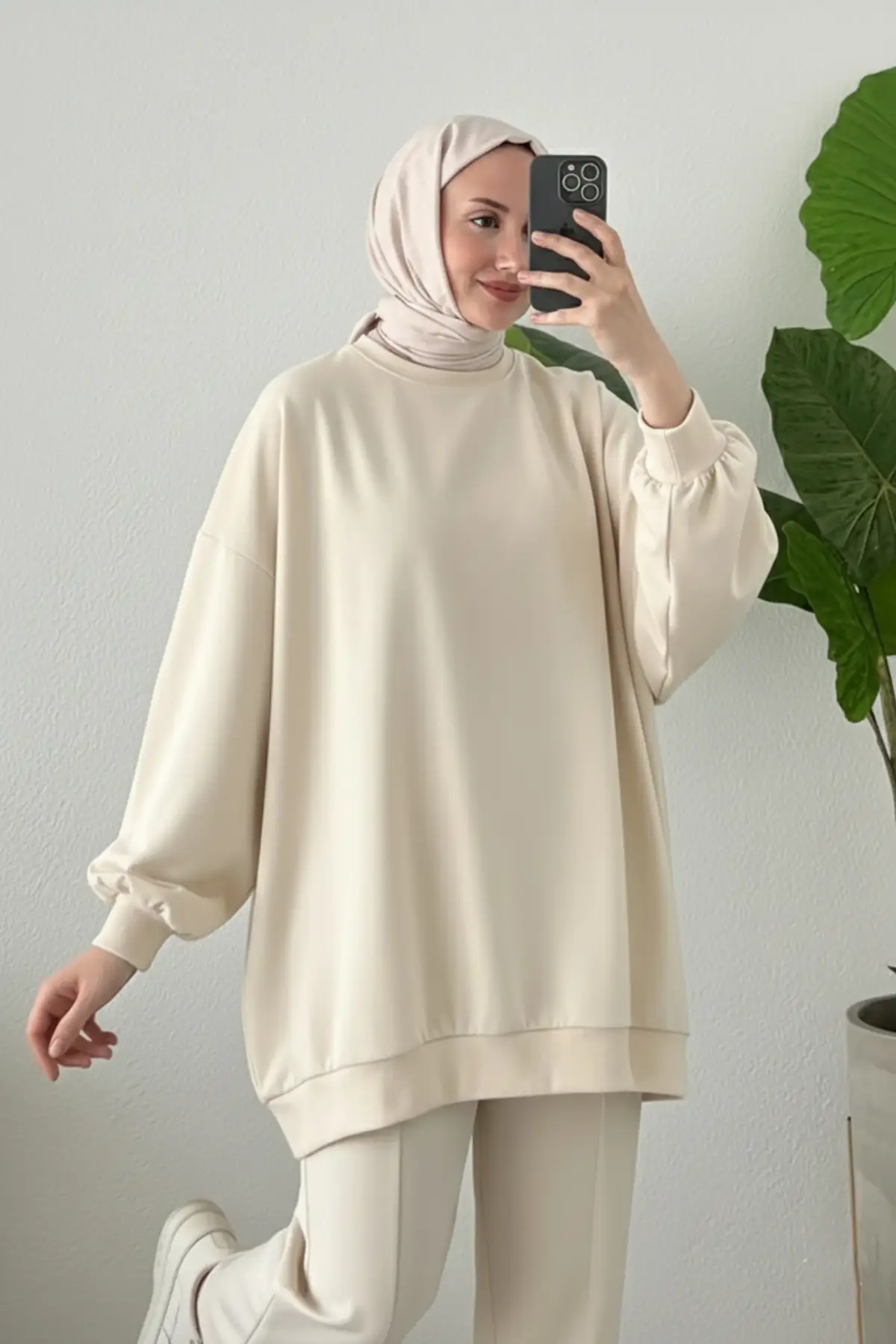 3044 - Rahat, Salaş Basic Kadın Uzun Sweatshirt - Bej