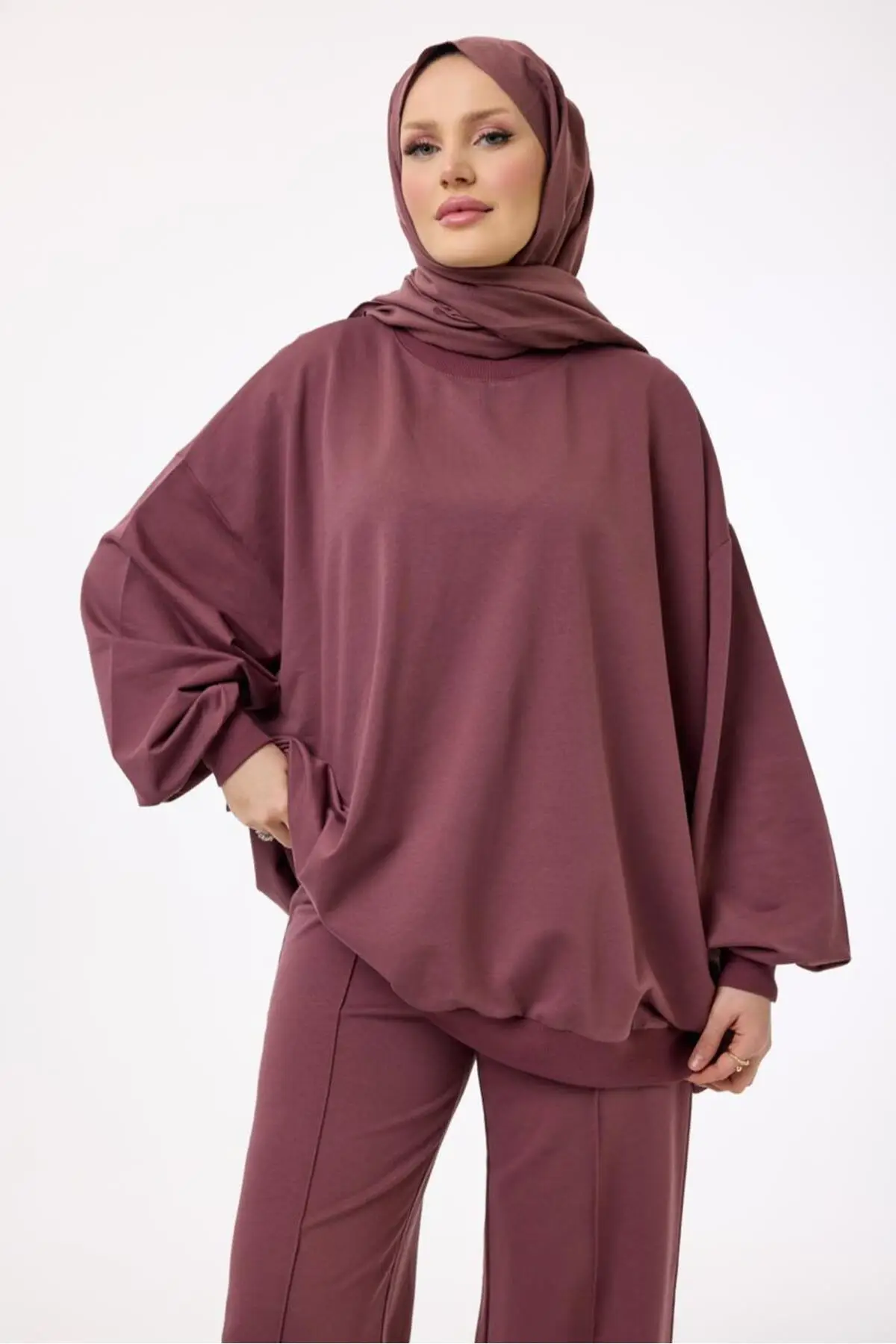 3044 - Rahat, Salaş Basic Kadın Uzun Sweatshirt - Mürdüm