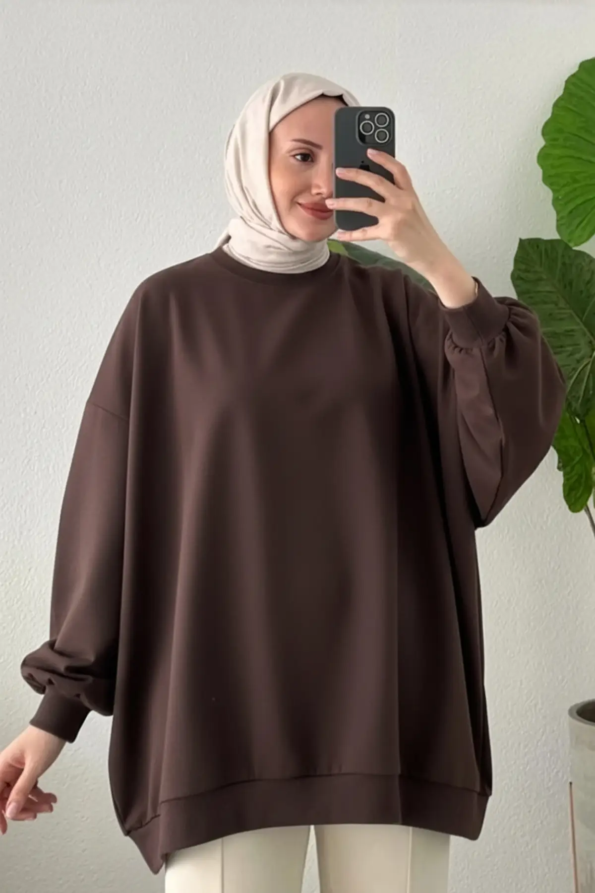 3044 - Rahat, Salaş Basic Kadın Uzun Sweatshirt - Kahverengi