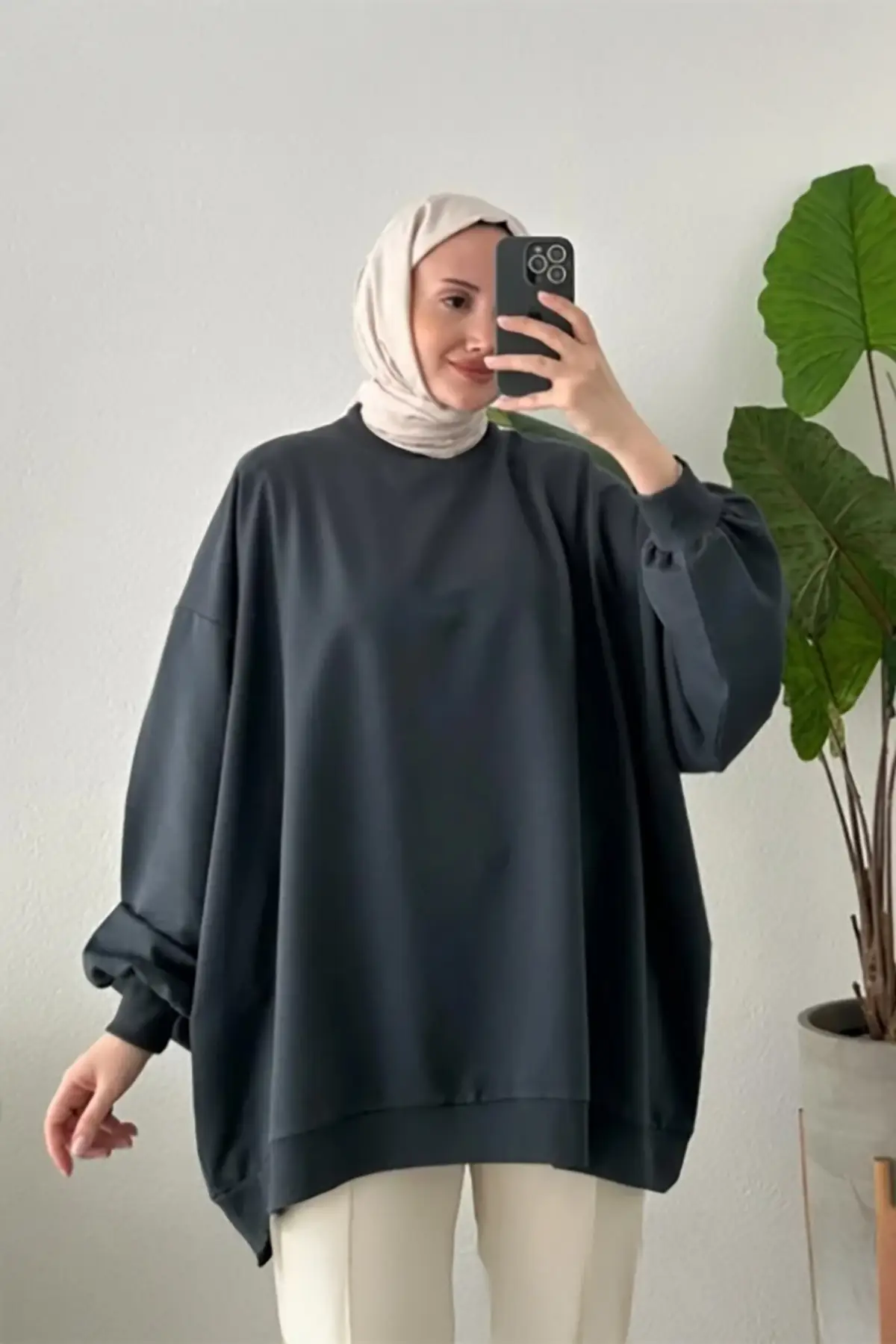 3044 - Rahat, Salaş Basic Kadın Uzun Sweatshirt - Füme