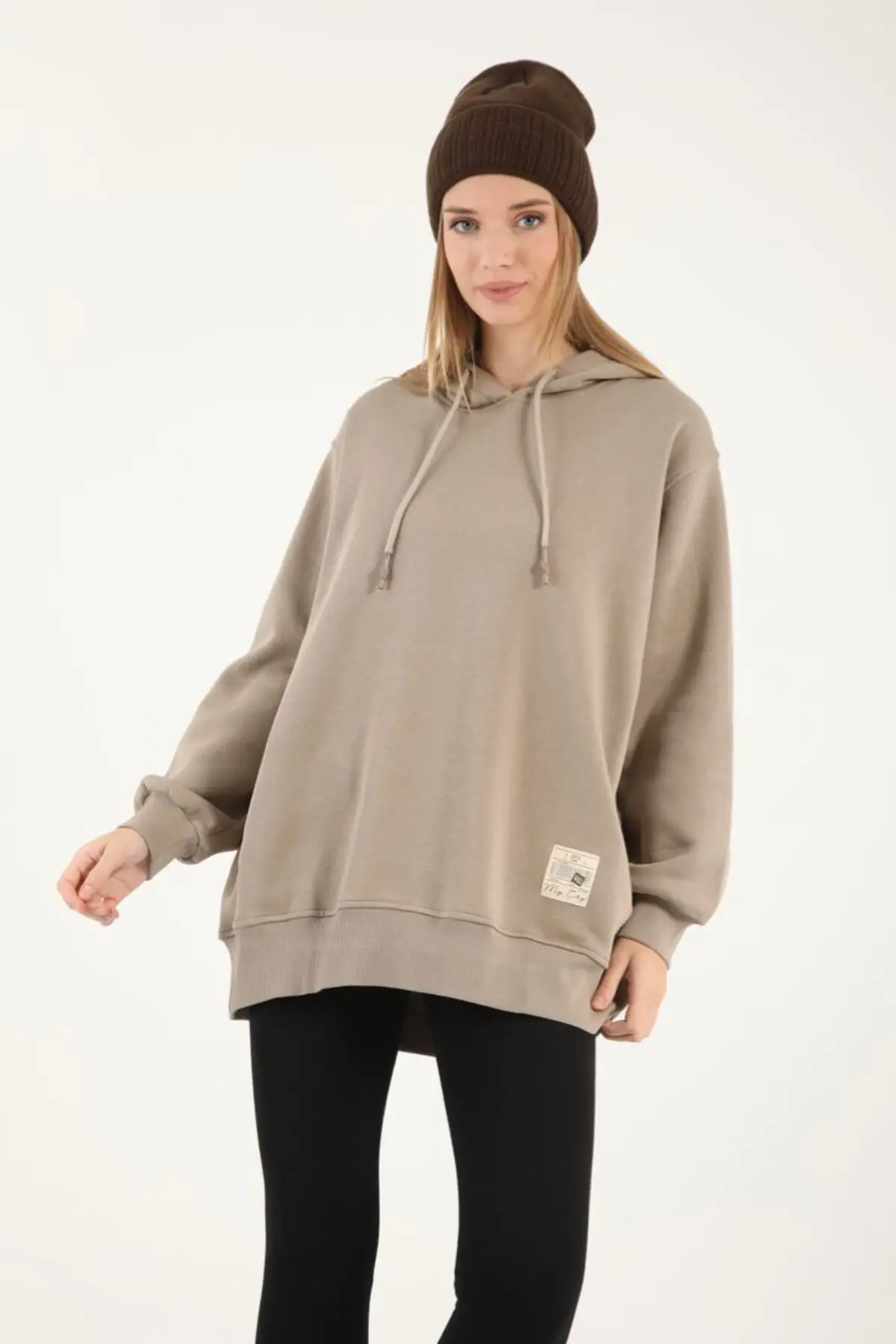 3105 - 3 İplik Şardonlu Salaş Kapüşonlu Kadın Sweatshirt