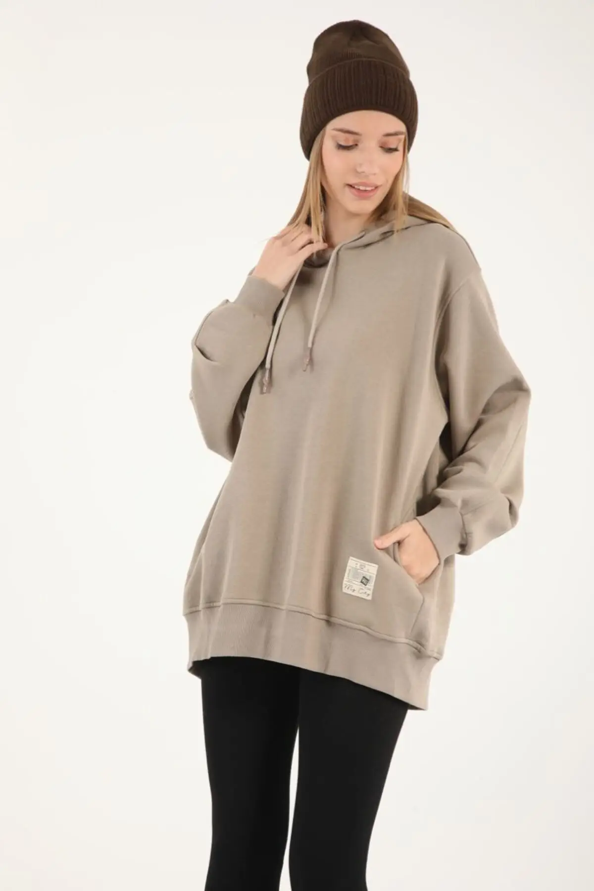 3105 - 3 İplik Şardonlu Salaş Kapüşonlu Kadın Sweatshirt - Haki