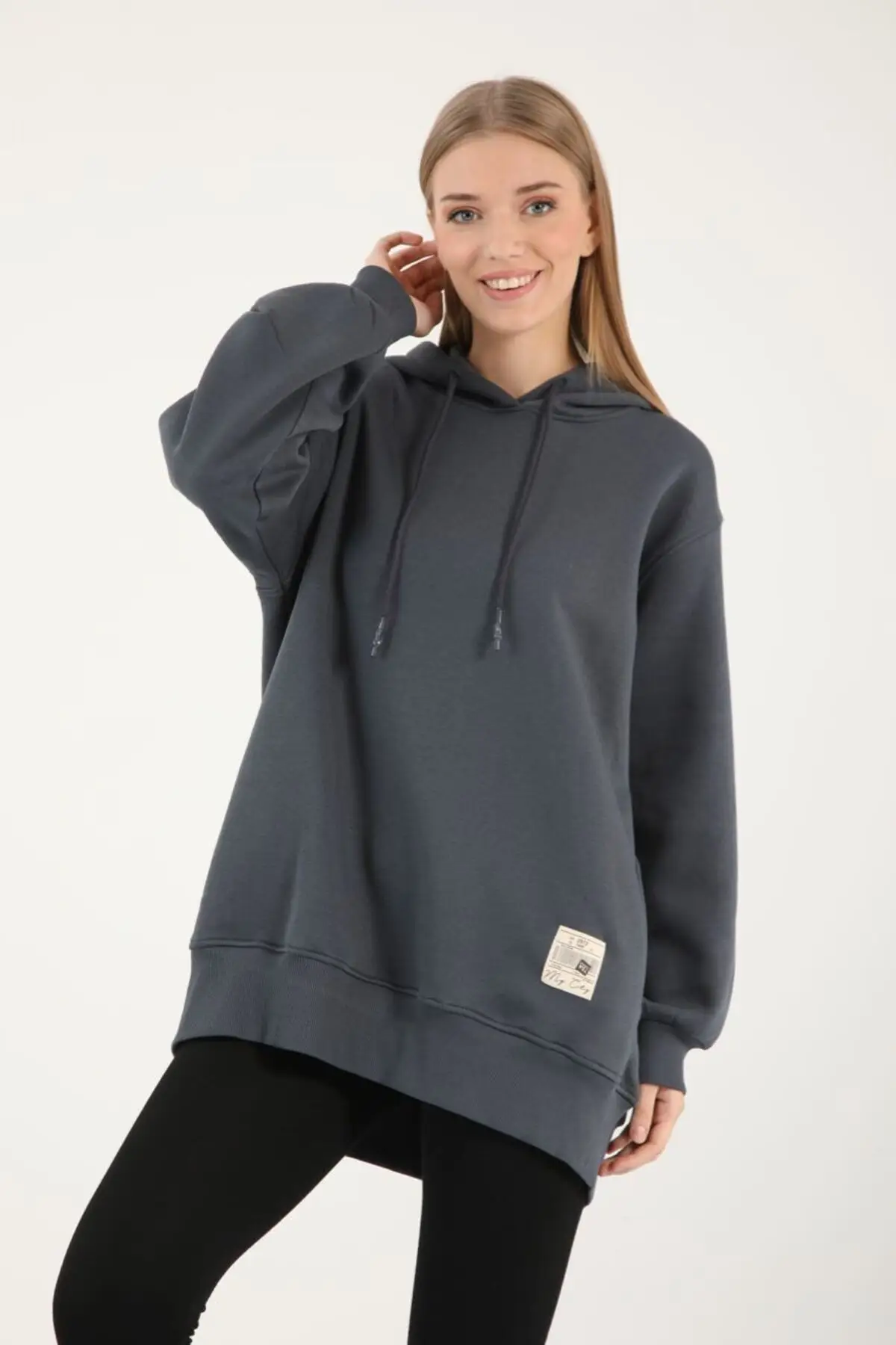 3105 - 3 İplik Şardonlu Salaş Kapüşonlu Kadın Sweatshirt - Füme