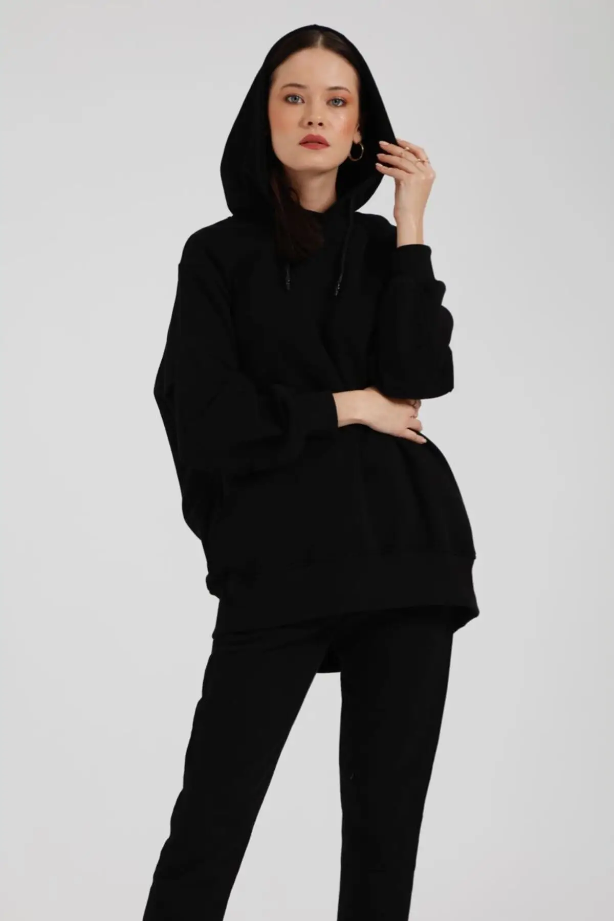 3105 - 3 İplik Şardonlu Salaş Kapüşonlu Kadın Sweatshirt - Siyah