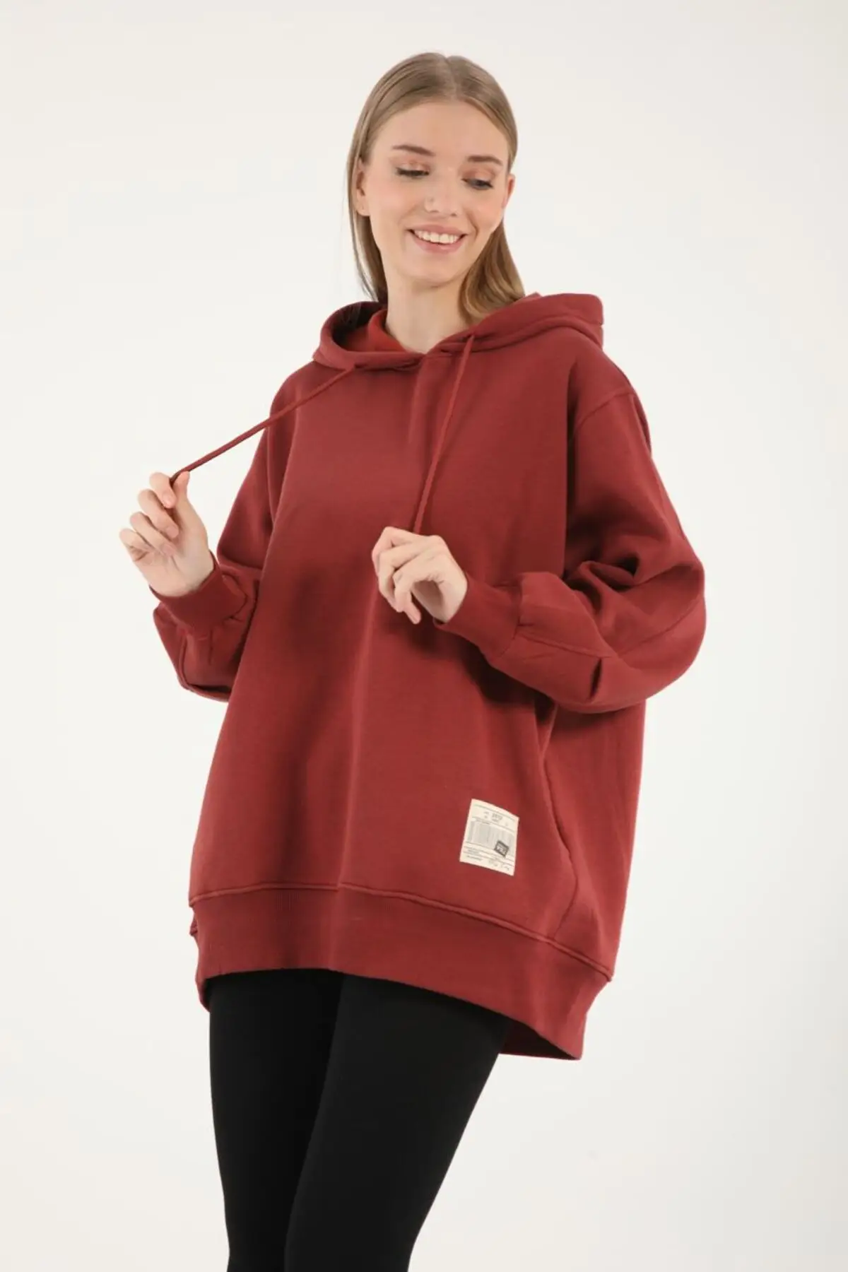 3105 - 3 İplik Şardonlu Salaş Kapüşonlu Kadın Sweatshirt - Bordo