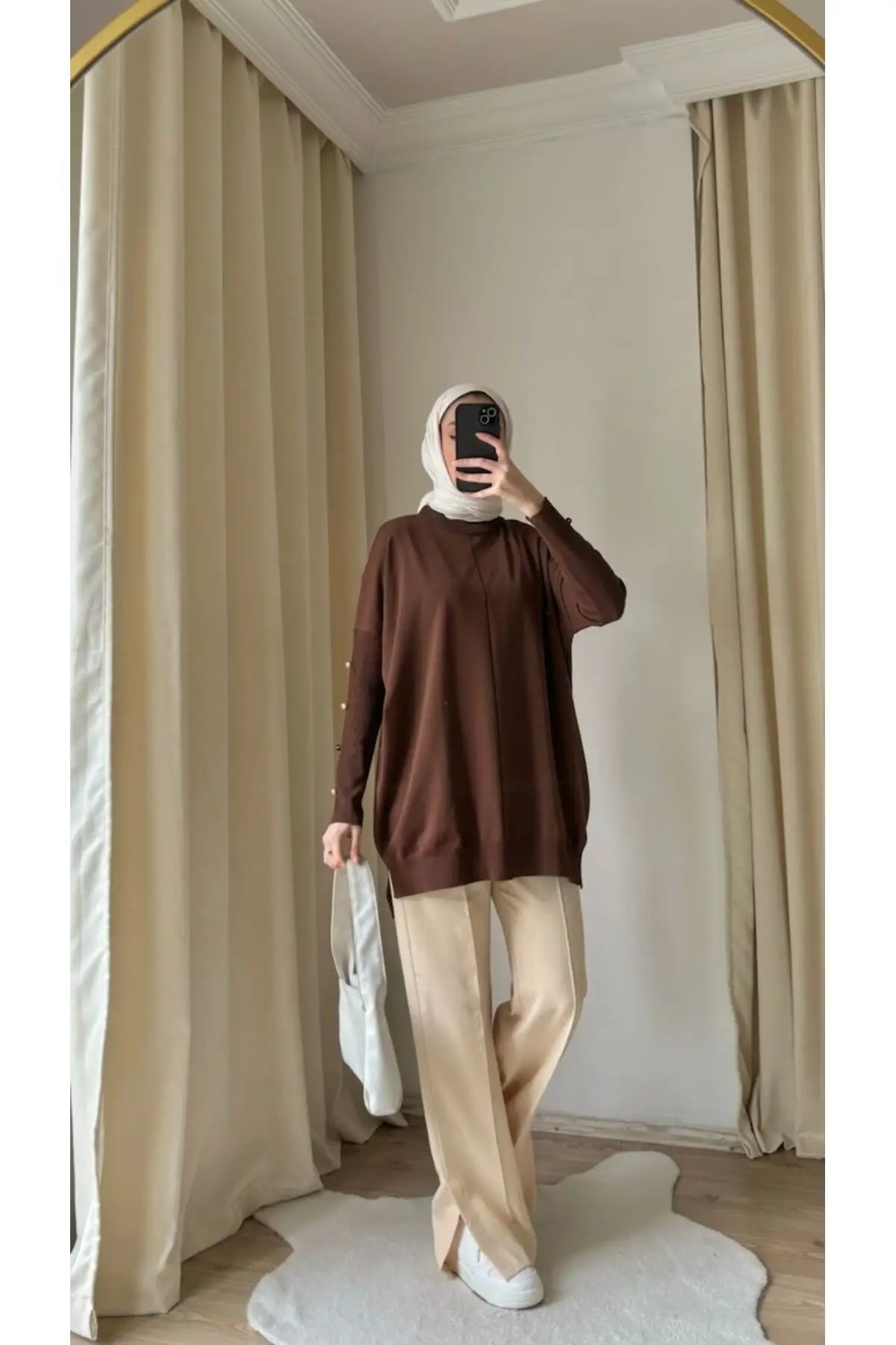 40741 - Şık Rahat Polyester - Pamuk Kadın Uzun Triko Kazak - Kahverengi