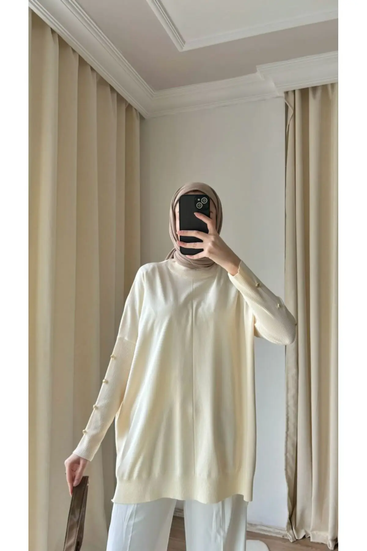 40741 - Şık Rahat Polyester - Pamuk Kadın Uzun Triko Kazak - Ekru