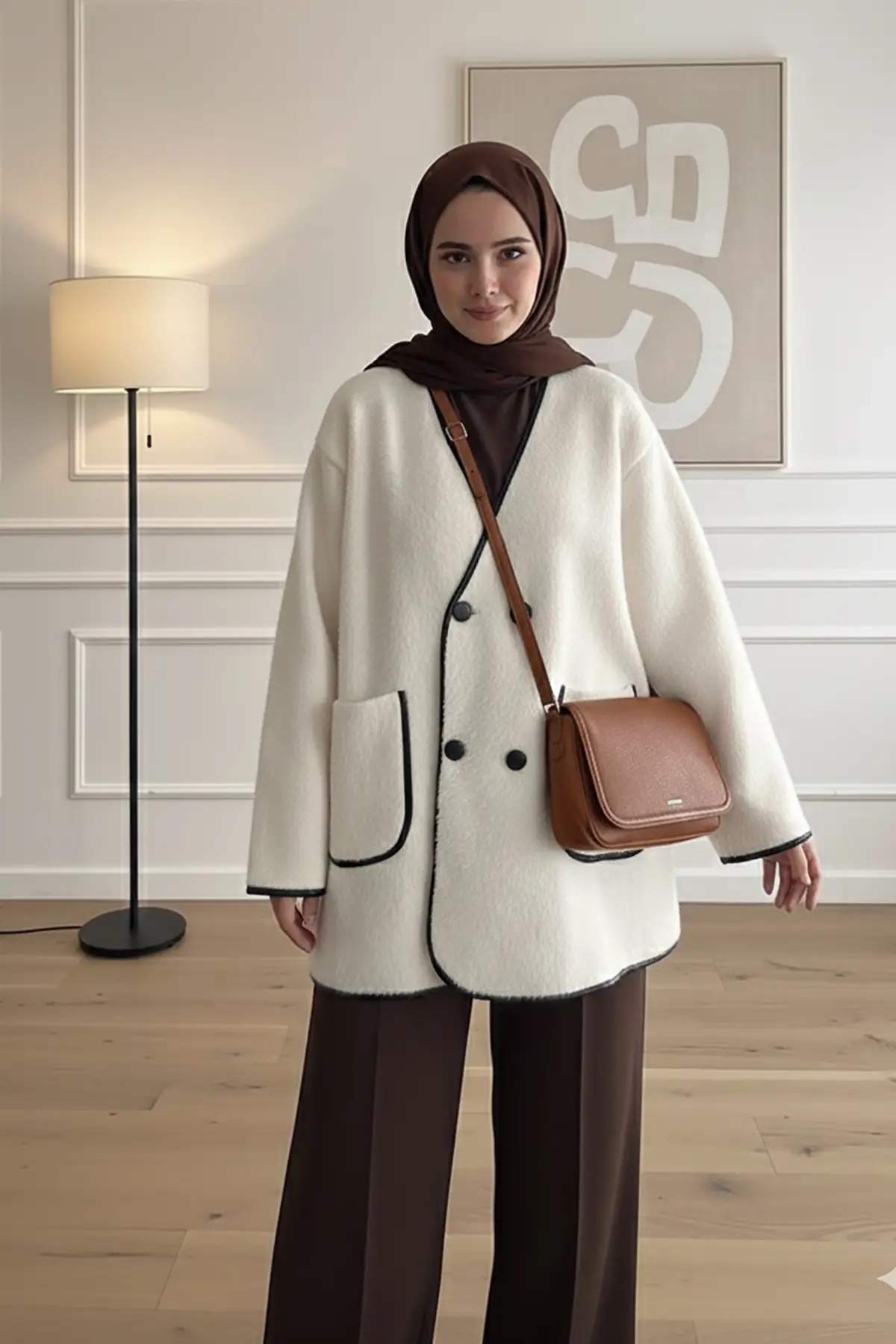 40840 - Şık Rahat 4 Düğmeli Angora Kadın Triko Uzun Hırka - Ekru