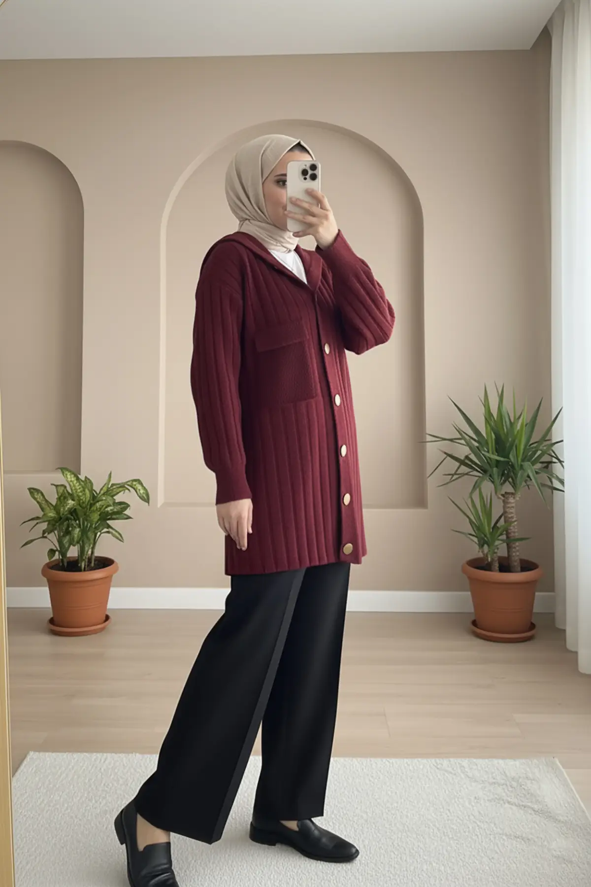 40915 - Şık Rahat Düğmeli Kapüşonlu Yumoş Kadın Triko Uzun Hırka - Bordo