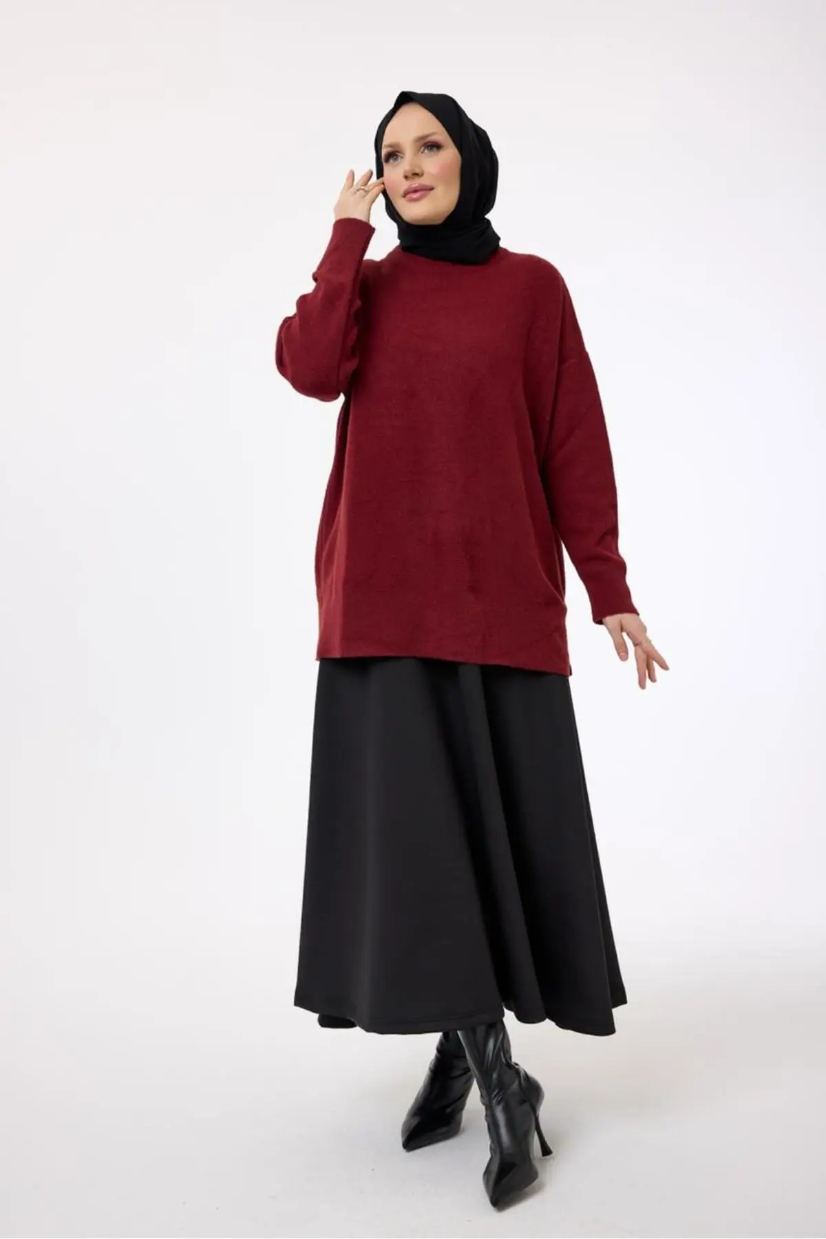 40966 - Şık Rahat Keçe Basic Uzun Kazak - Bordo