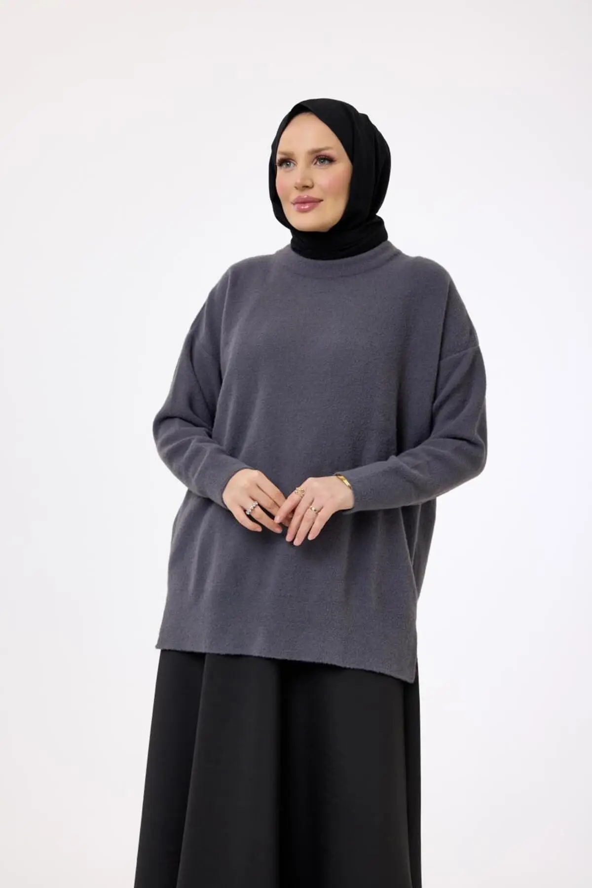 40966 - Şık Rahat Keçe Basic Uzun Kazak - Füme