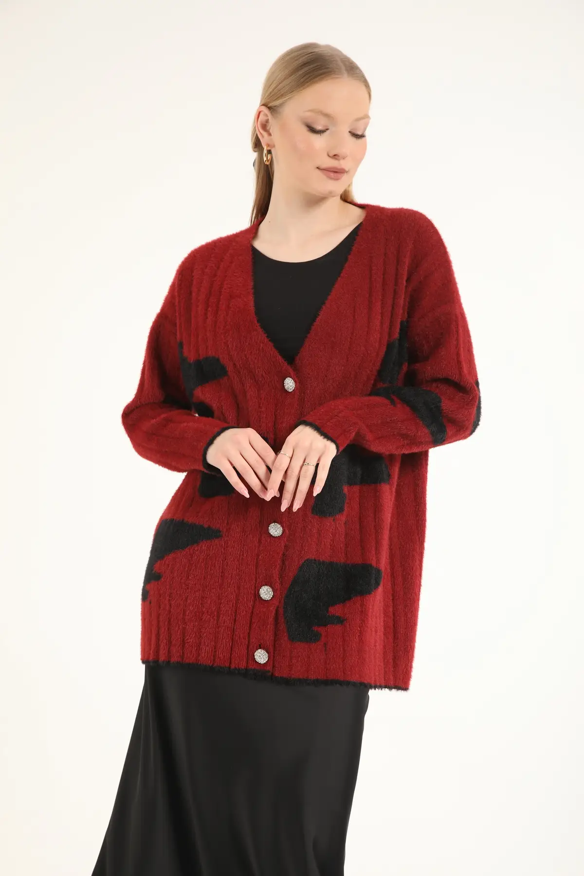 40974 - Şık Rahat Desenli Kadın Triko Ceket - Bordo