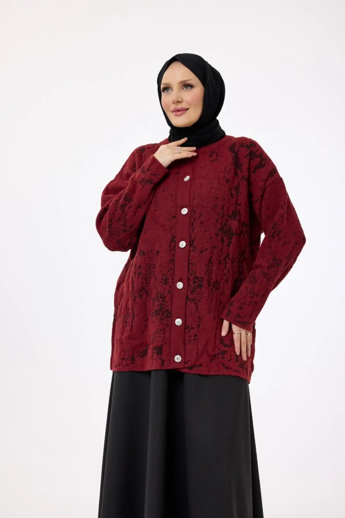 40984 - Şık Rahat Desenli Kadın Triko Ceket - Bordo
