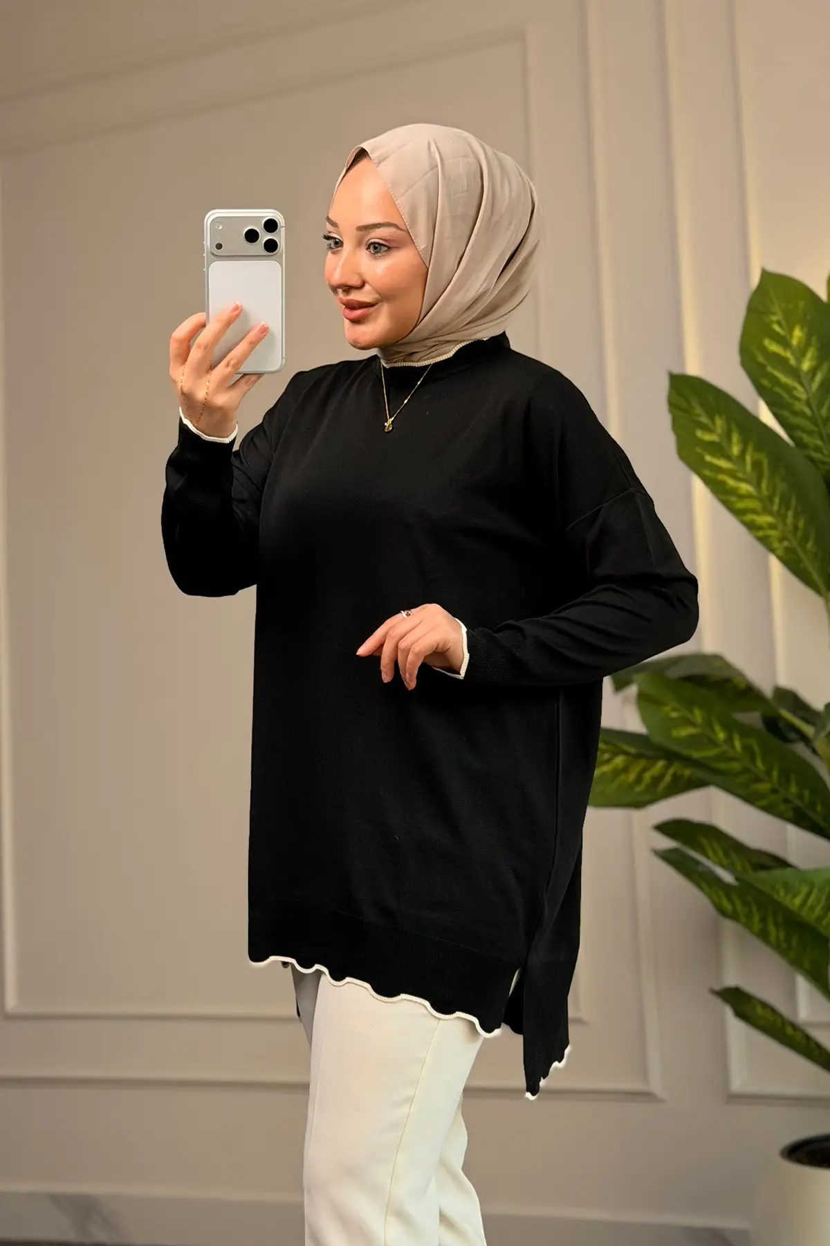 40986 - Şık Rahat Pamuk-Polyester Yan Düğme Detaylı Kadın Triko İnce Uzun Kazak - Siyah