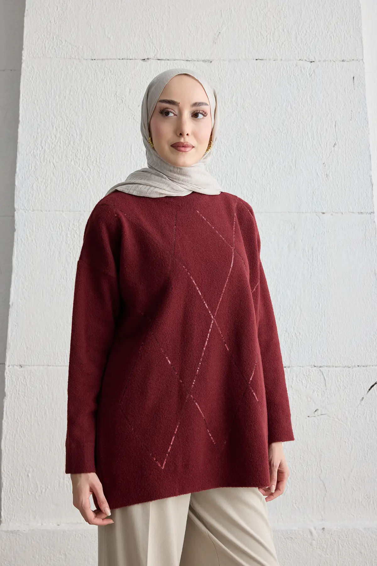 44060 - Şık Rahat Salaş Sakal Poliamid Basic Uzun Triko Kazak - Bordo