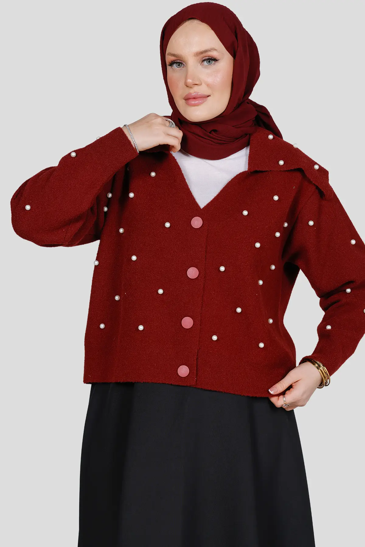 44086 - Şık Rahat Düğmeli Yumoş Kadın Triko Hırka