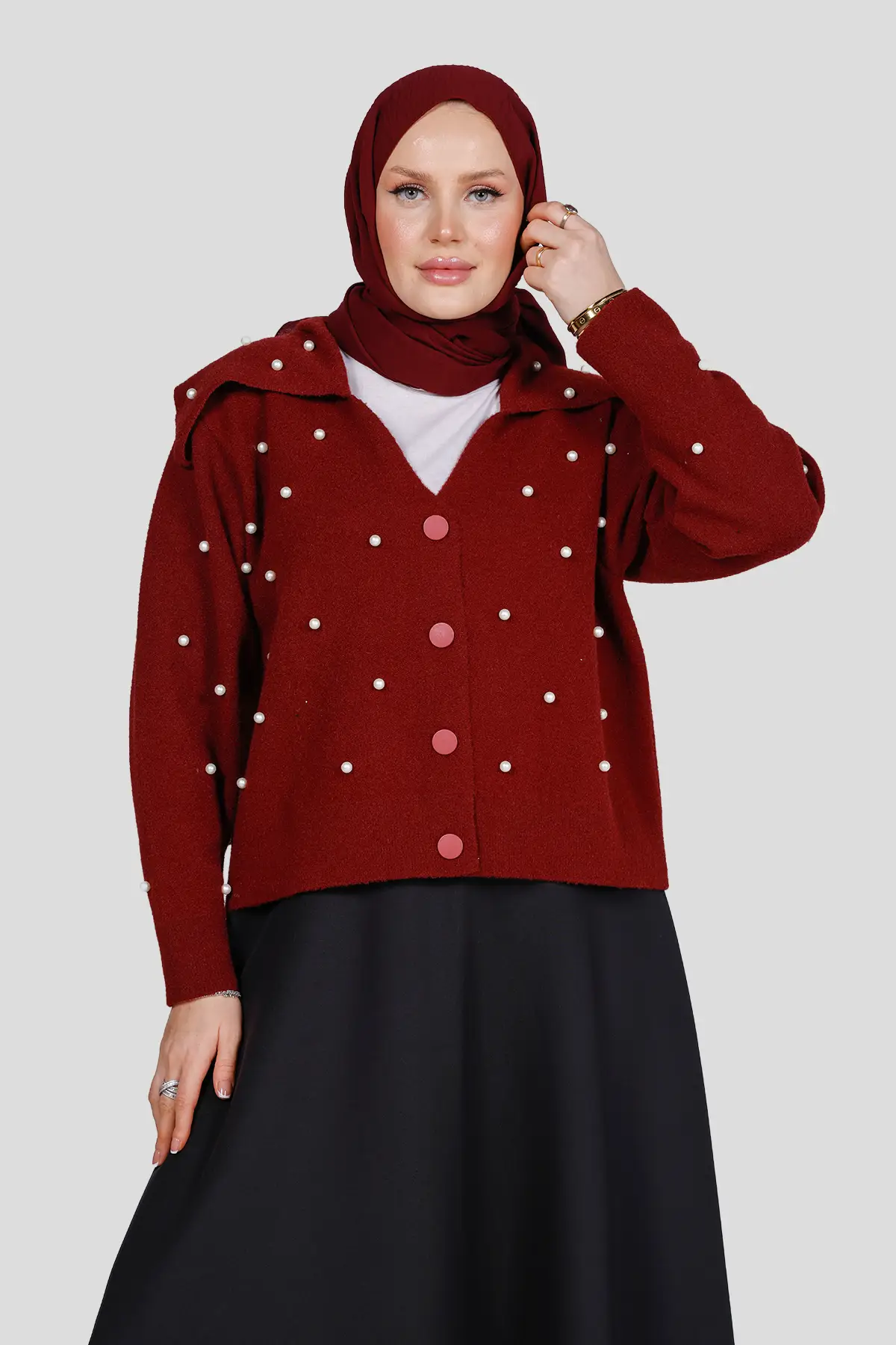 44086 - Şık Rahat Düğmeli Yumoş Kadın Triko Hırka - Bordo