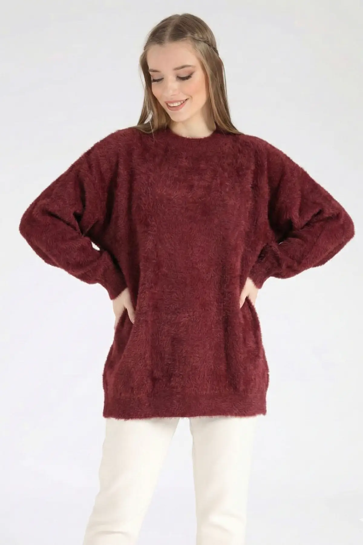 44154 - Şık Rahat Yumuşak Angora Kumaş Kadın Triko Uzun Kazak - Bordo