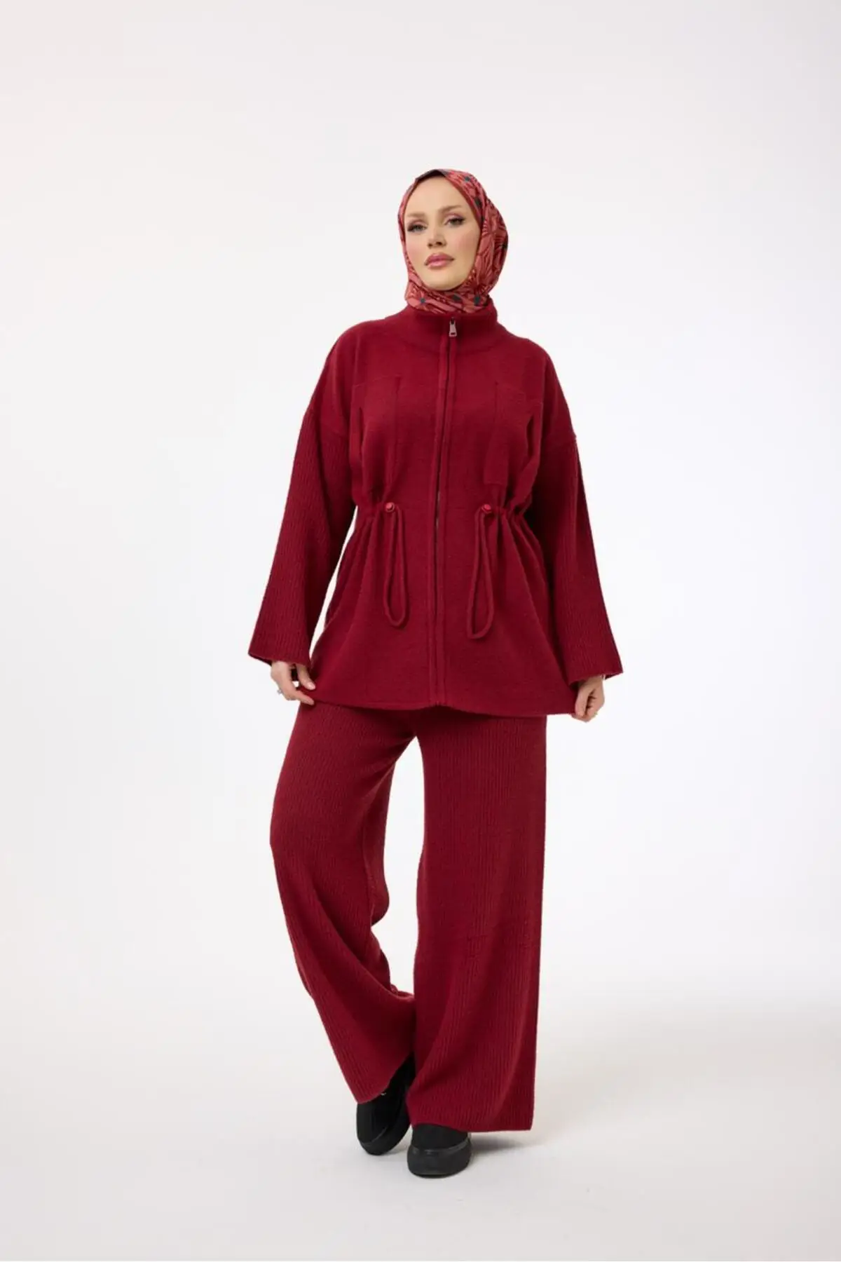 44166 - Şık Rahat Salaş Beli Büzgülü Triko Pantolonlu Kadın Takımı - Bordo