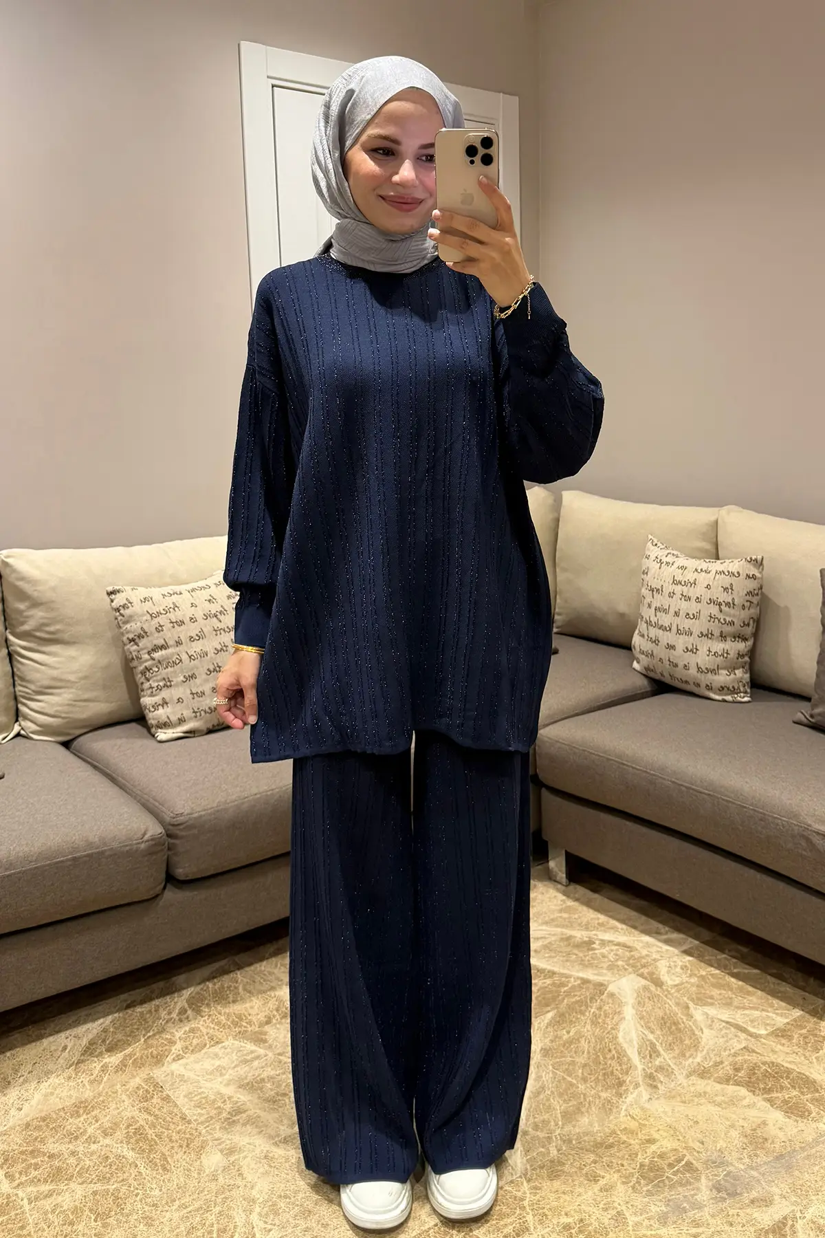 44238 - Şık Rahat Salaş Rayon Simli Triko Pantolonlu Kadın Triko Takımı