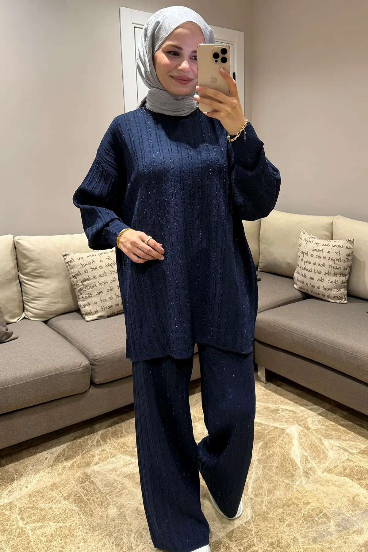 44238 - Şık Rahat Salaş Rayon Simli Triko Pantolonlu Kadın Triko Takımı - Lacivert