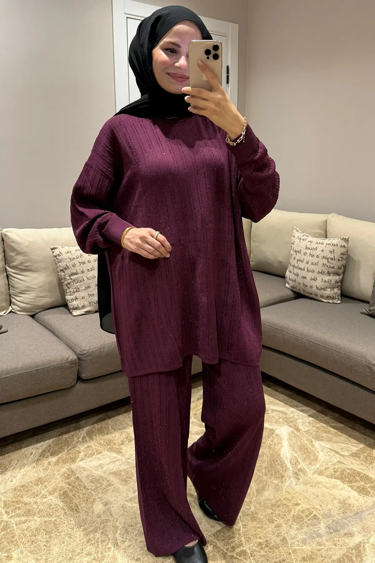 44238 - Şık Rahat Salaş Rayon Simli Triko Pantolonlu Kadın Triko Takımı - Bordo