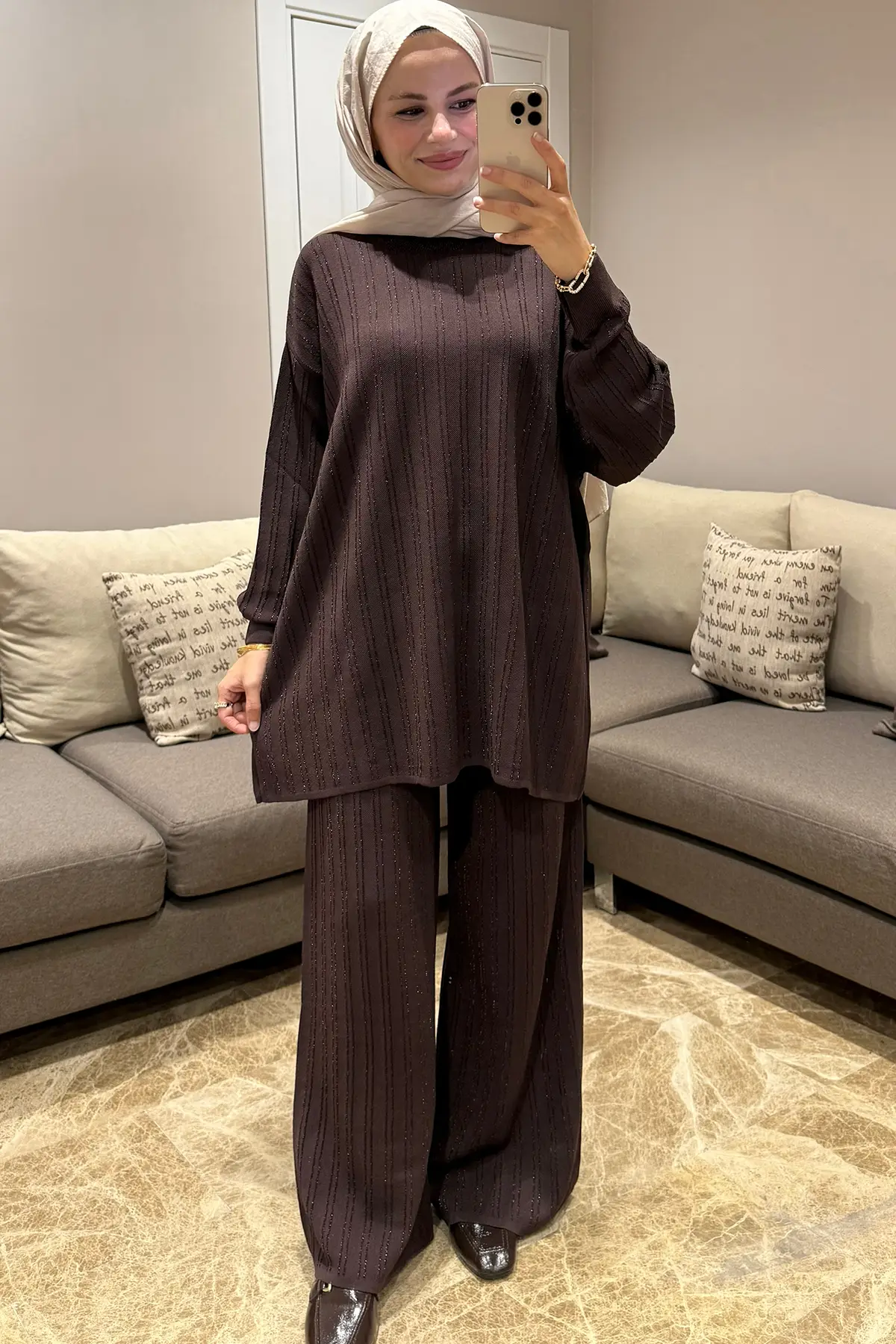 44238 - Şık Rahat Salaş Rayon Simli Triko Pantolonlu Kadın Triko Takımı - Kahverengi