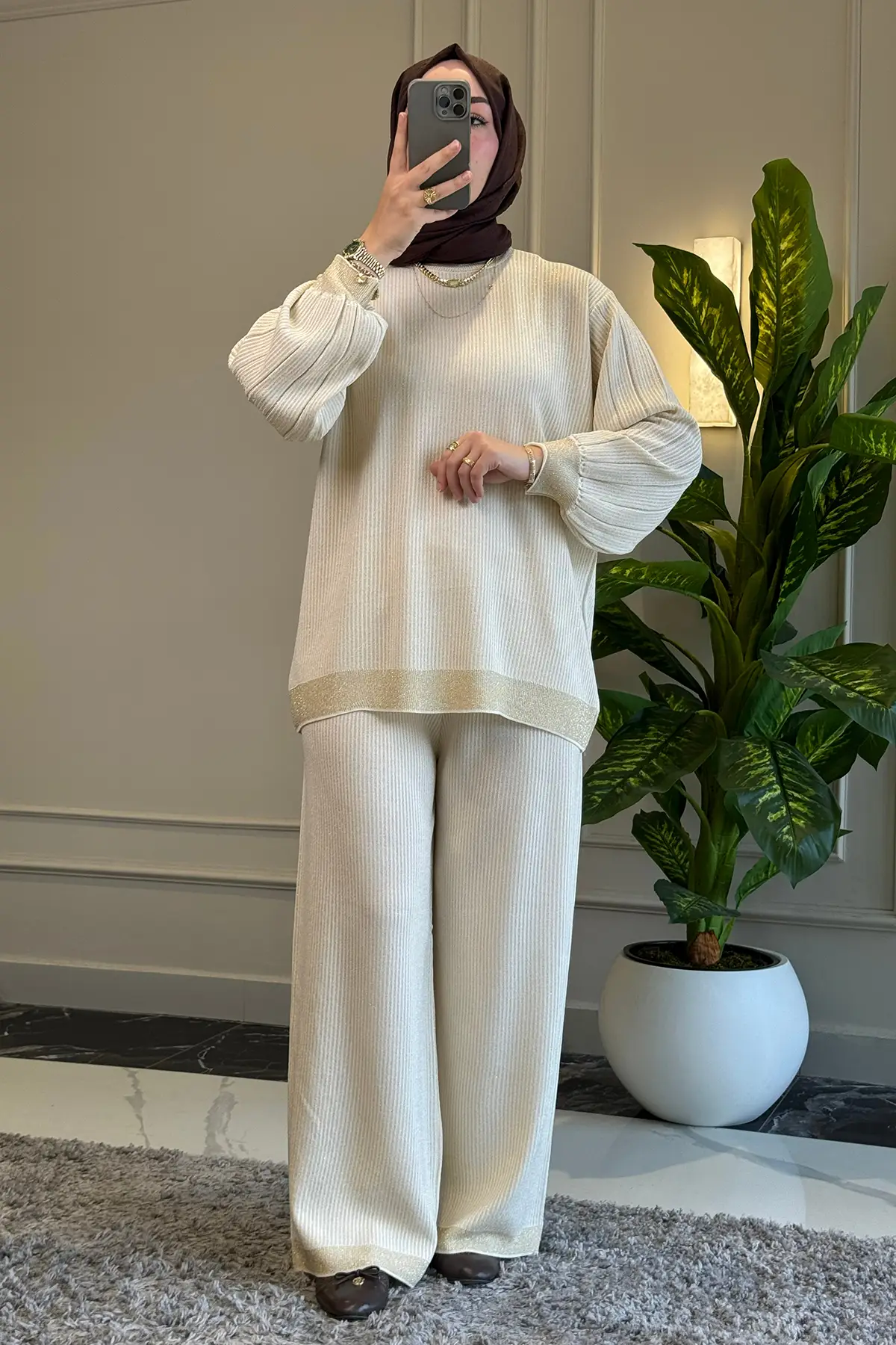 44394 - Şık Rahat Salaş Rayon Simli Triko Pantolonlu Kadın Triko Takımı