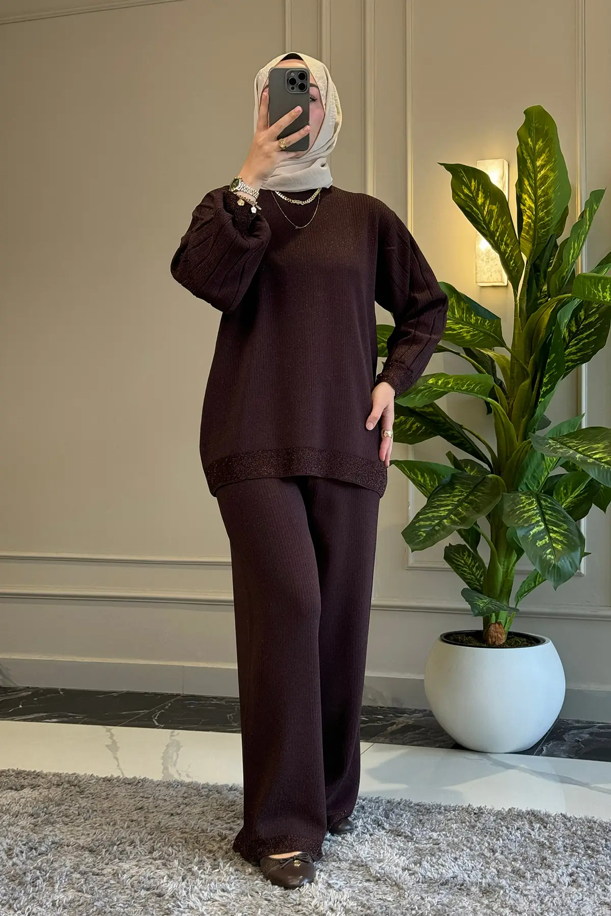 44394 - Şık Rahat Salaş Rayon Simli Triko Pantolonlu Kadın Triko Takımı - Kahverengi