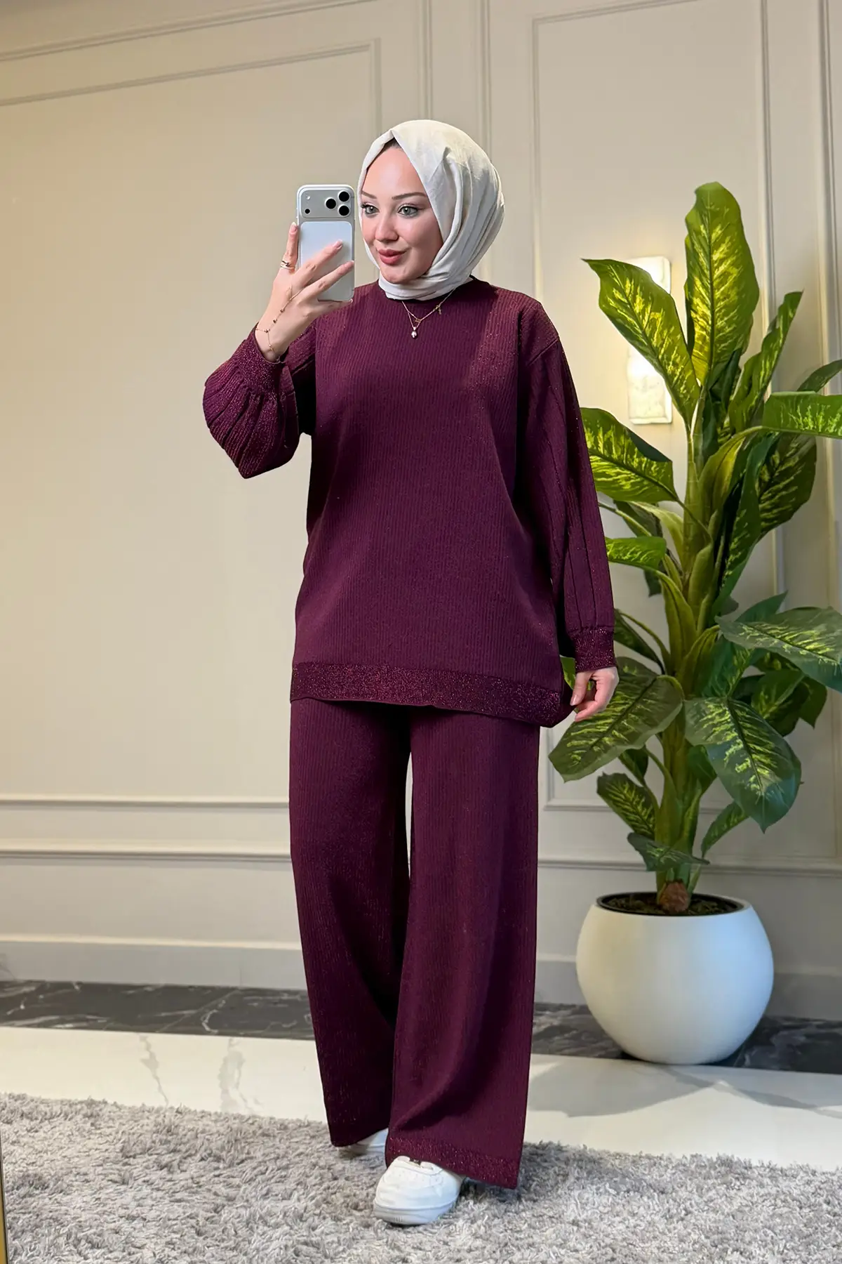 44394 - Şık Rahat Salaş Rayon Simli Triko Pantolonlu Kadın Triko Takımı - Mürdüm