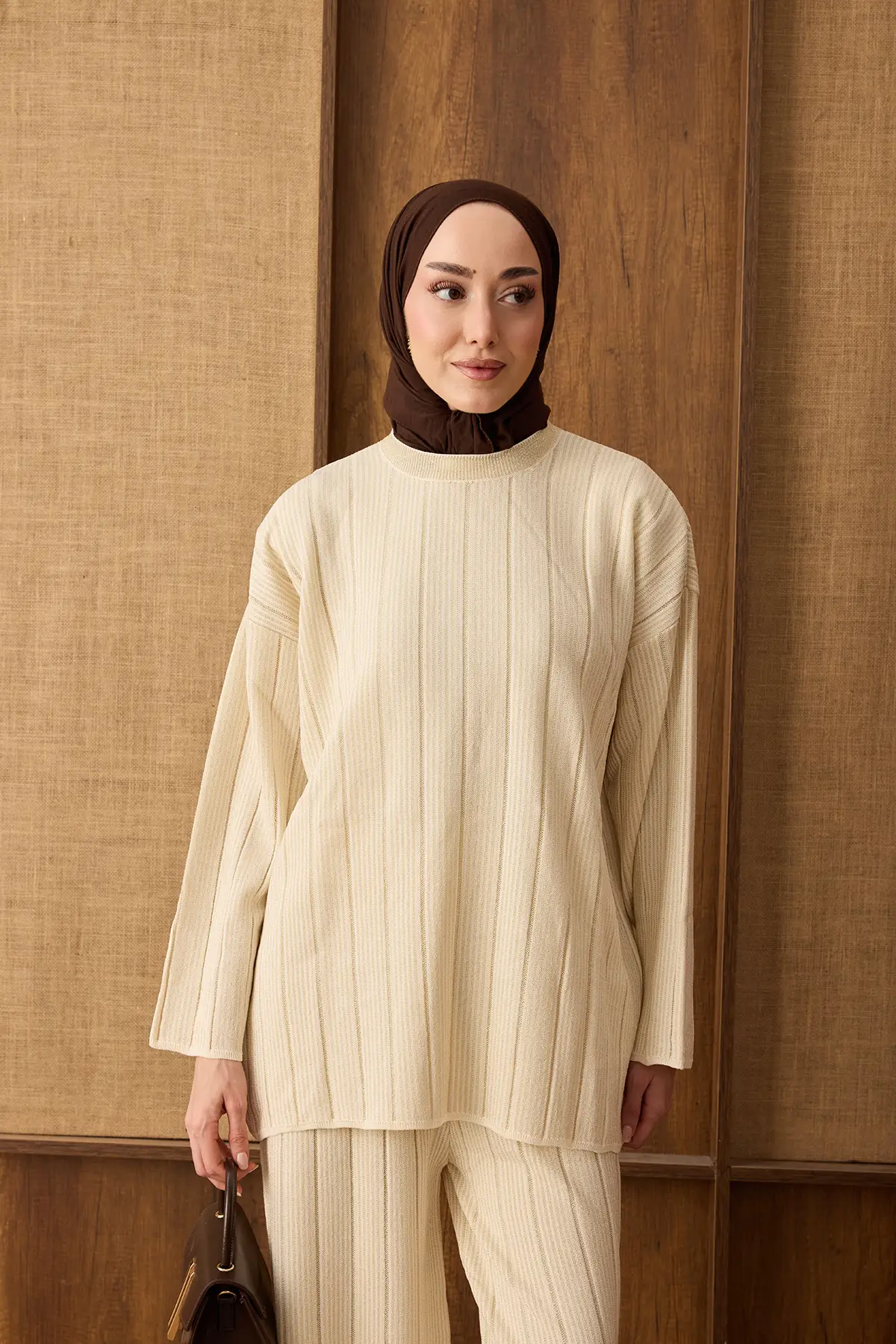 44397 - Şık Rahat Rayon Triko Pantolonlu İnce Kadın Triko Takımı - Ekru