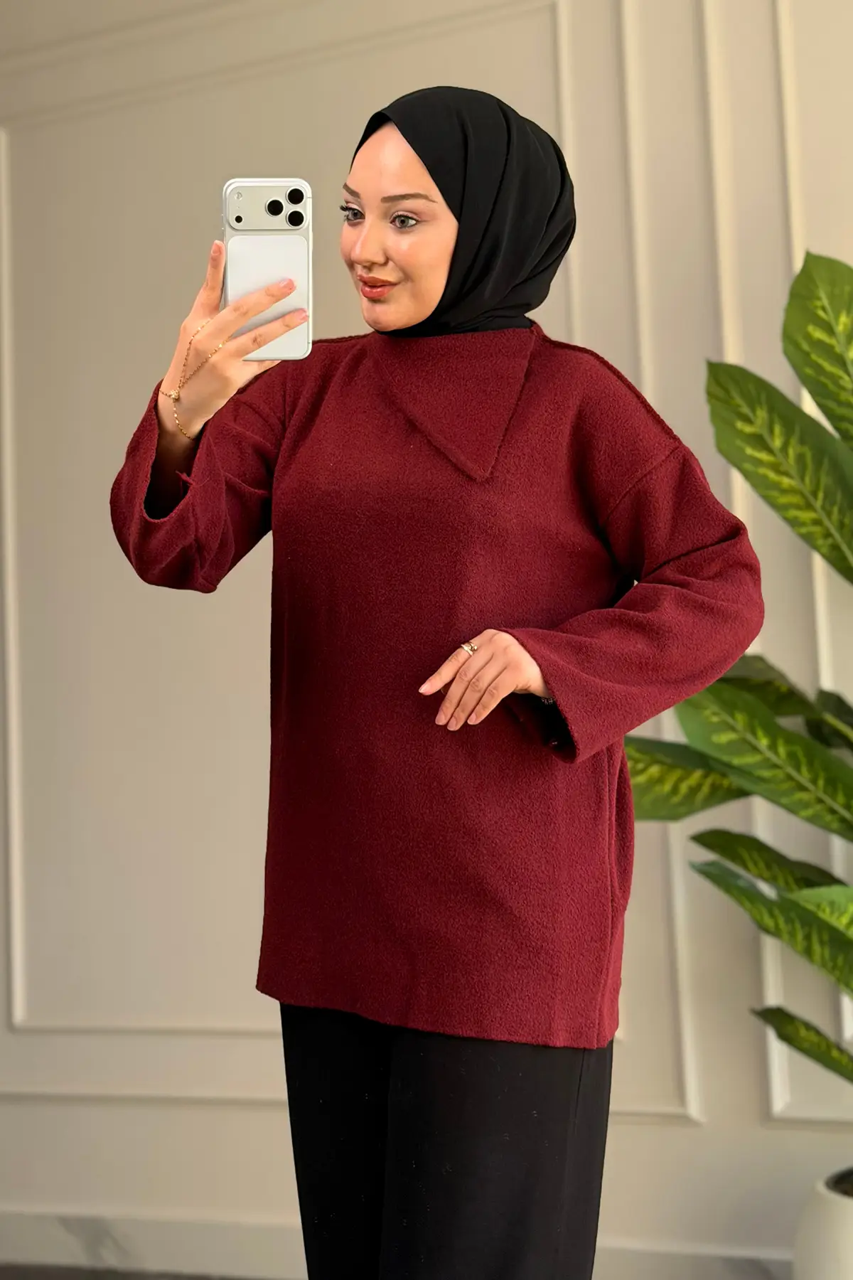 44406 - Şık Rahat Keçe-Polyester Kadın Triko Uzun Kazak - Bordo