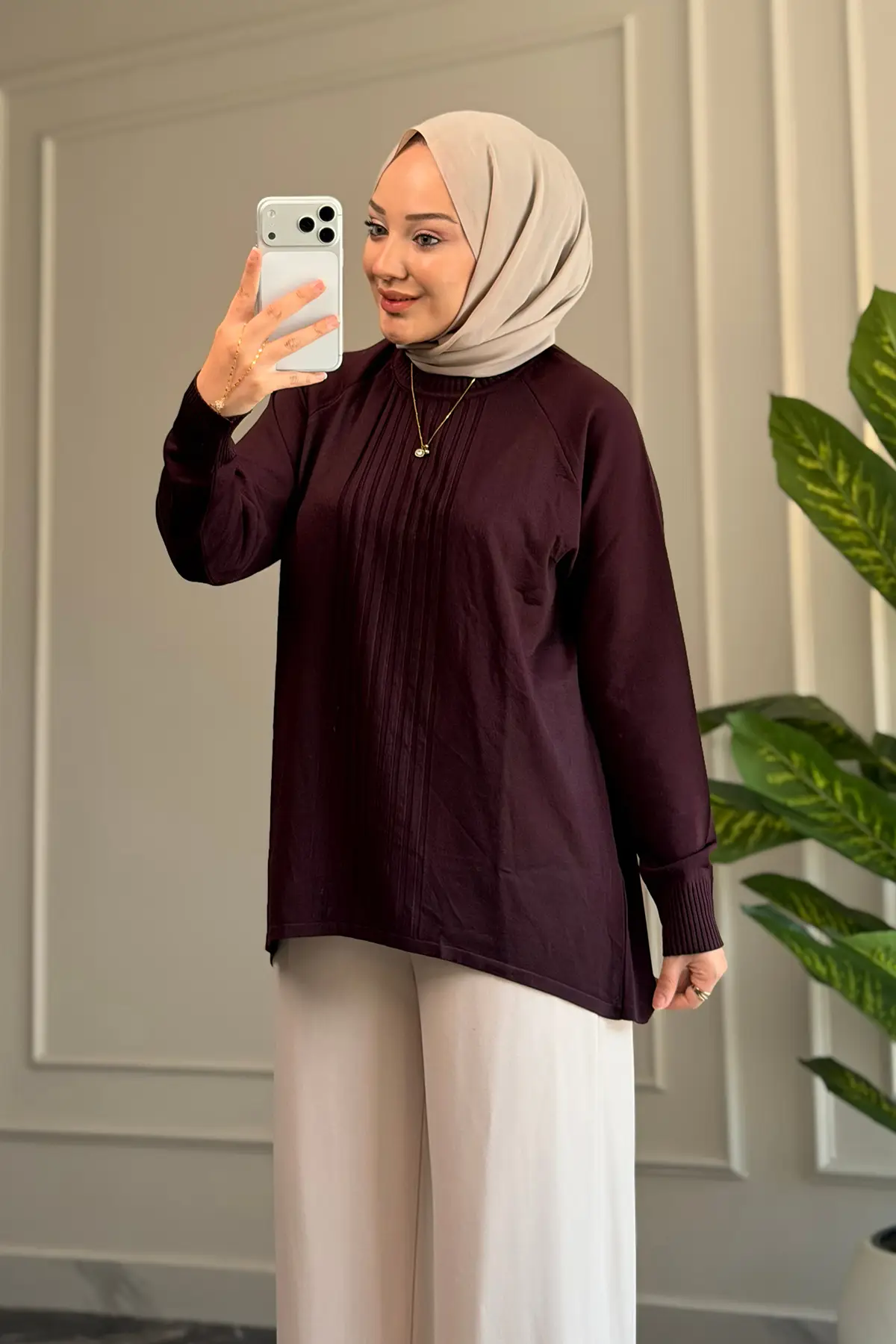 44430 - Şık Rahat Yumuşak Pamuklu-Polyester Kumaş Kadın Triko Uzun Kazak