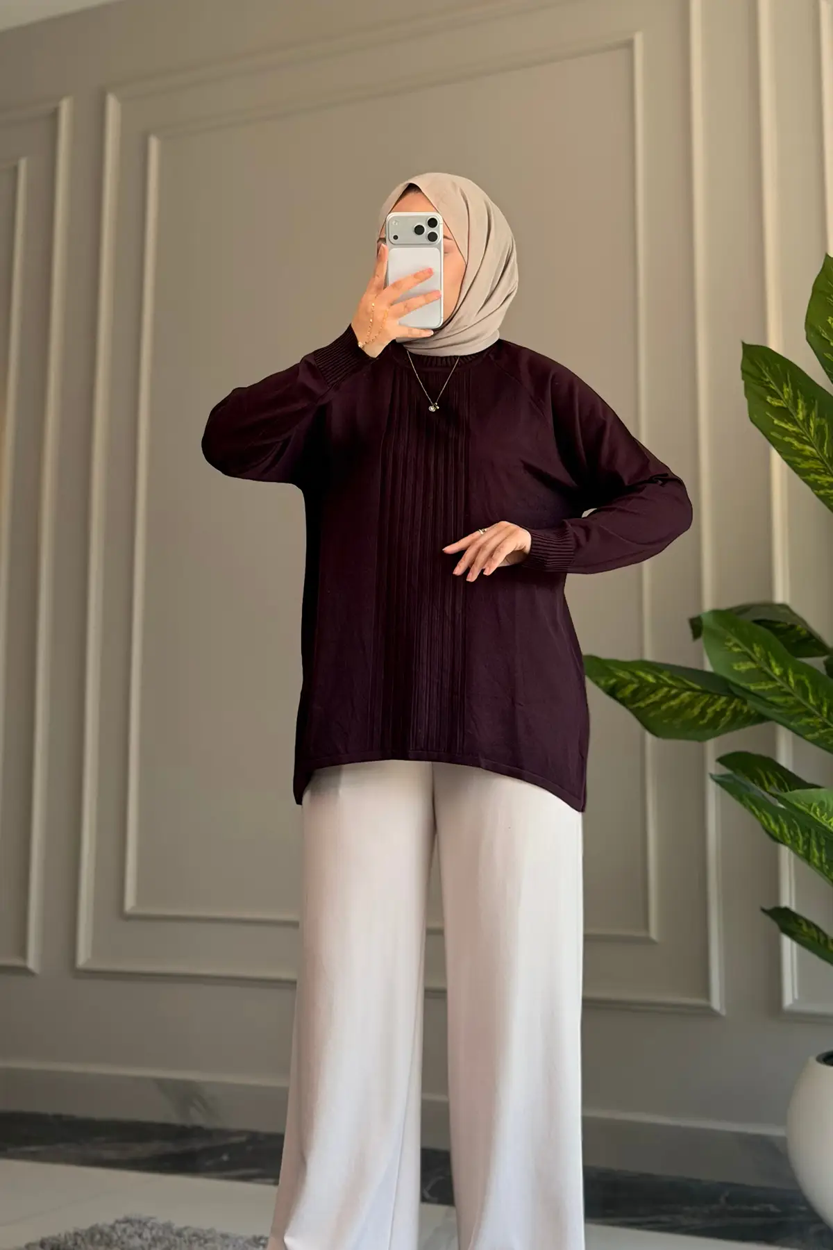 44430 - Şık Rahat Yumuşak Pamuklu-Polyester Kumaş Kadın Triko Uzun Kazak - Mürdüm