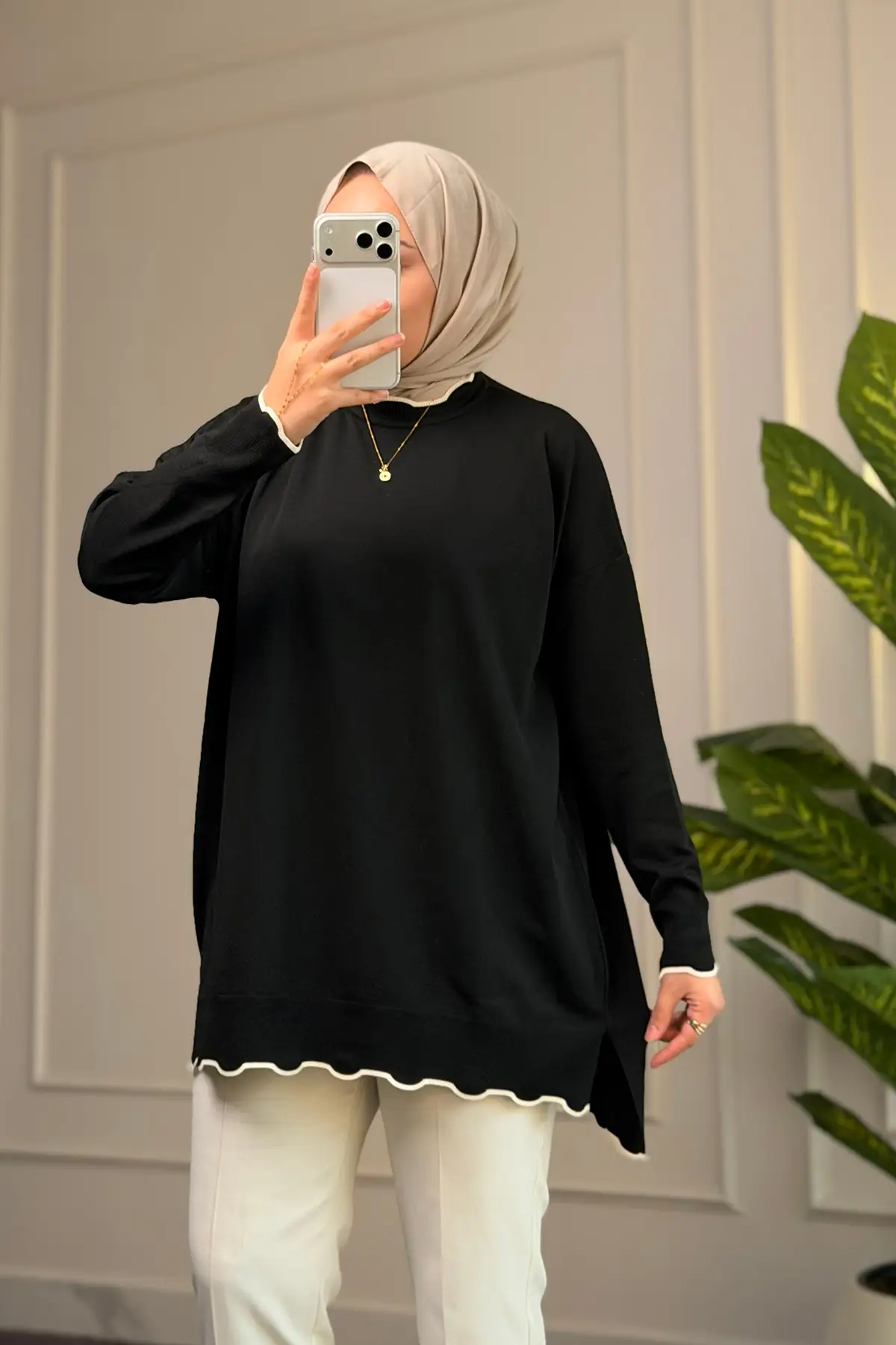 44431 - Şık Rahat Pamuk-Polyester Kadın Triko Uzun Kazak