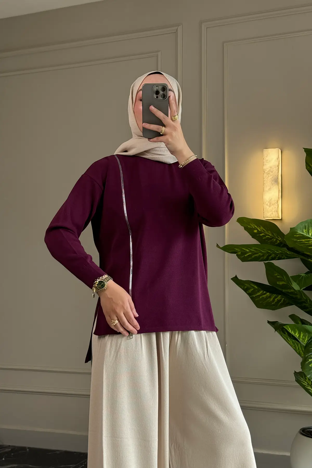 44440 - Şık Rahat Keçe-Polyester Kadın Fermuar Detaylı Triko Uzun Kazak - Mürdüm