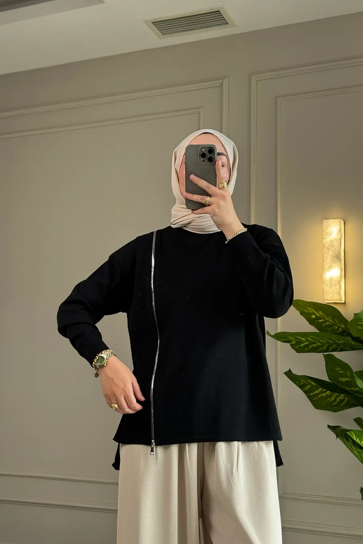 44440 - Şık Rahat Keçe-Polyester Kadın Fermuar Detaylı Triko Uzun Kazak - Siyah
