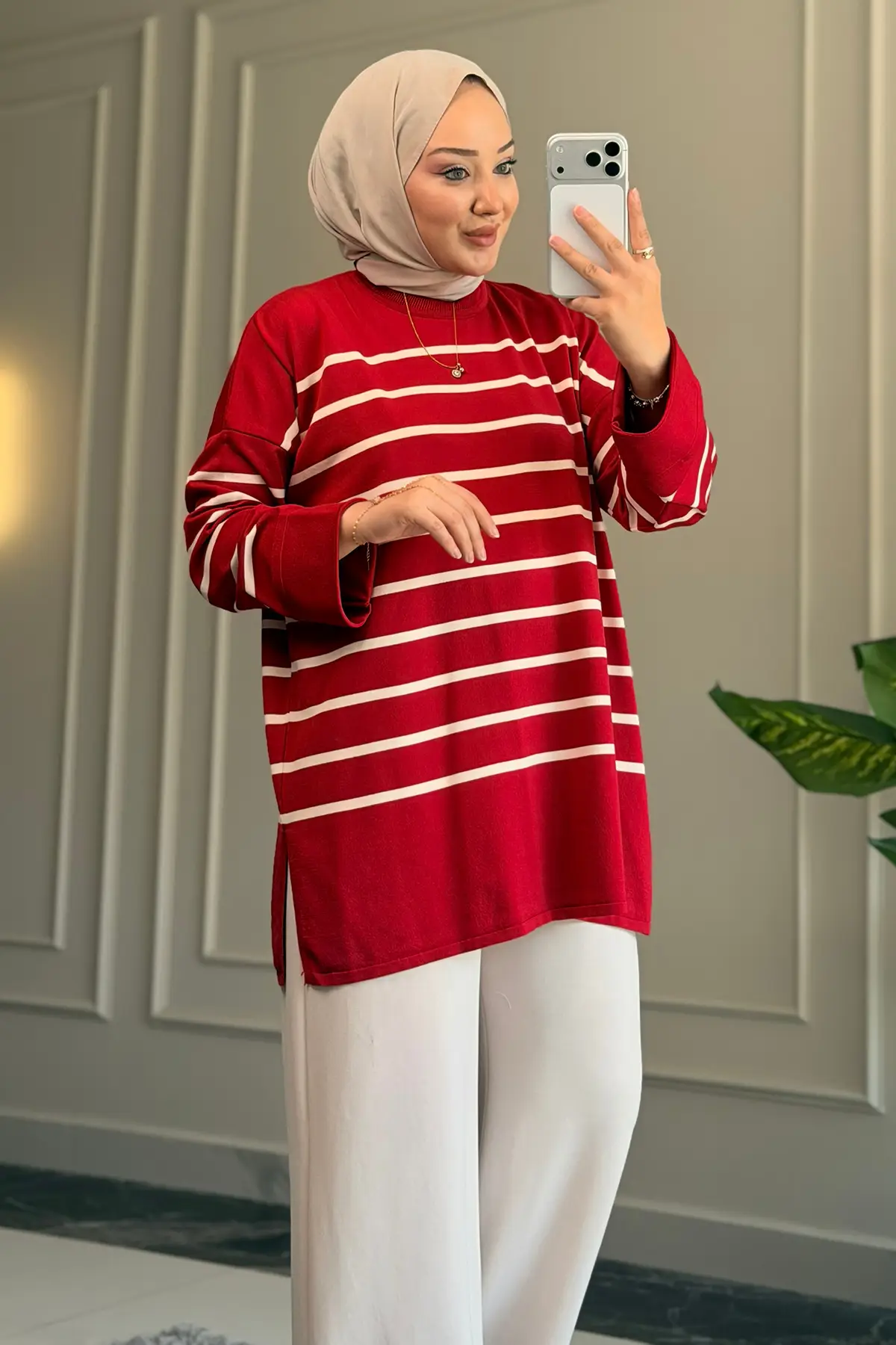 44456 - Şık Rahat Yumuşak Pamuklu-Polyester Kumaş Kadın Triko Uzun Kazak