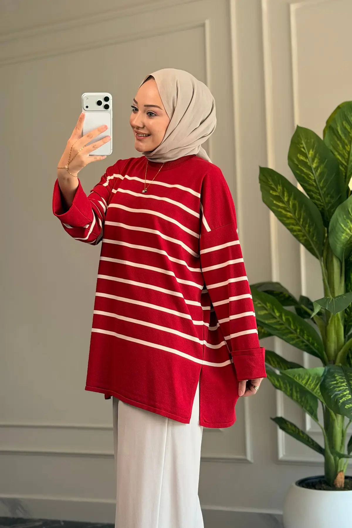 44456 - Şık Rahat Yumuşak Pamuklu-Polyester Kumaş Kadın Triko Uzun Kazak - Kırmızı