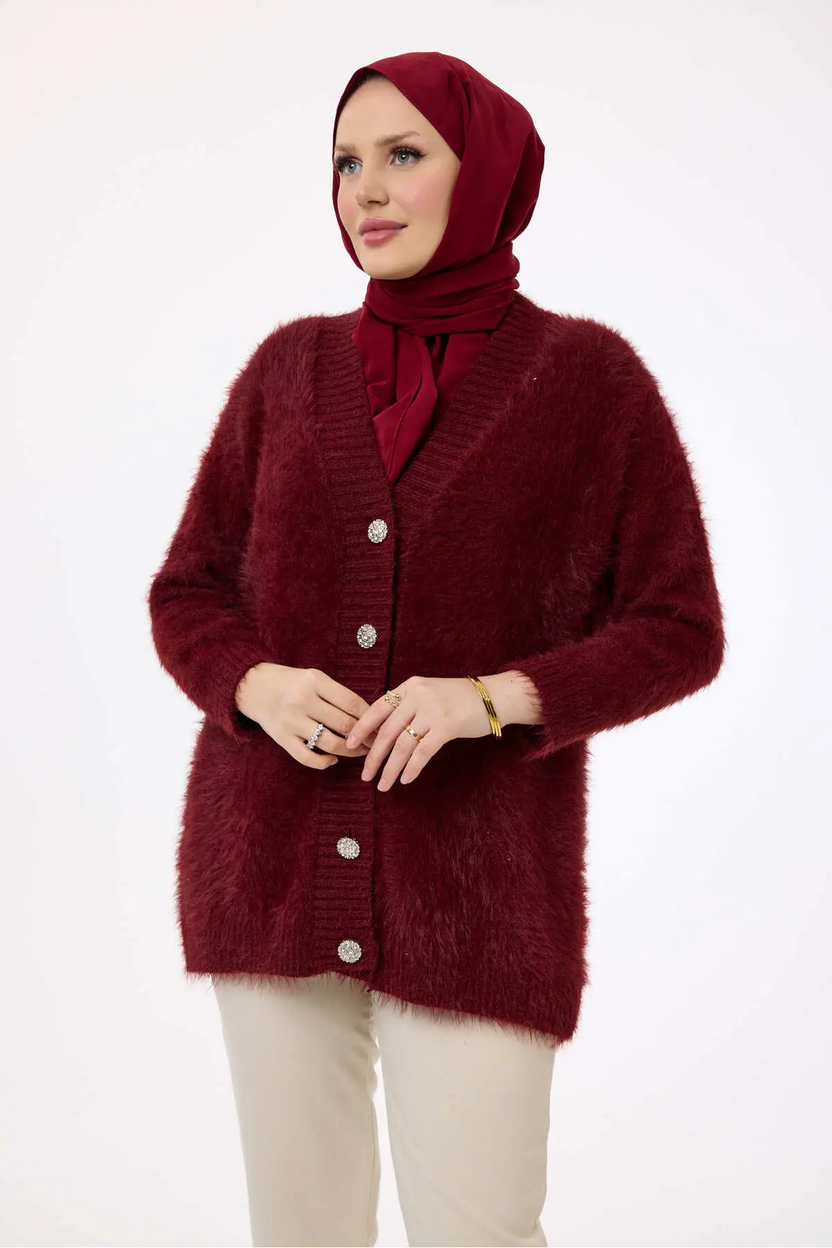 51197 - Şık Rahat Taş Düğmeli Angora Kadın Triko Uzun Hırka - Bordo