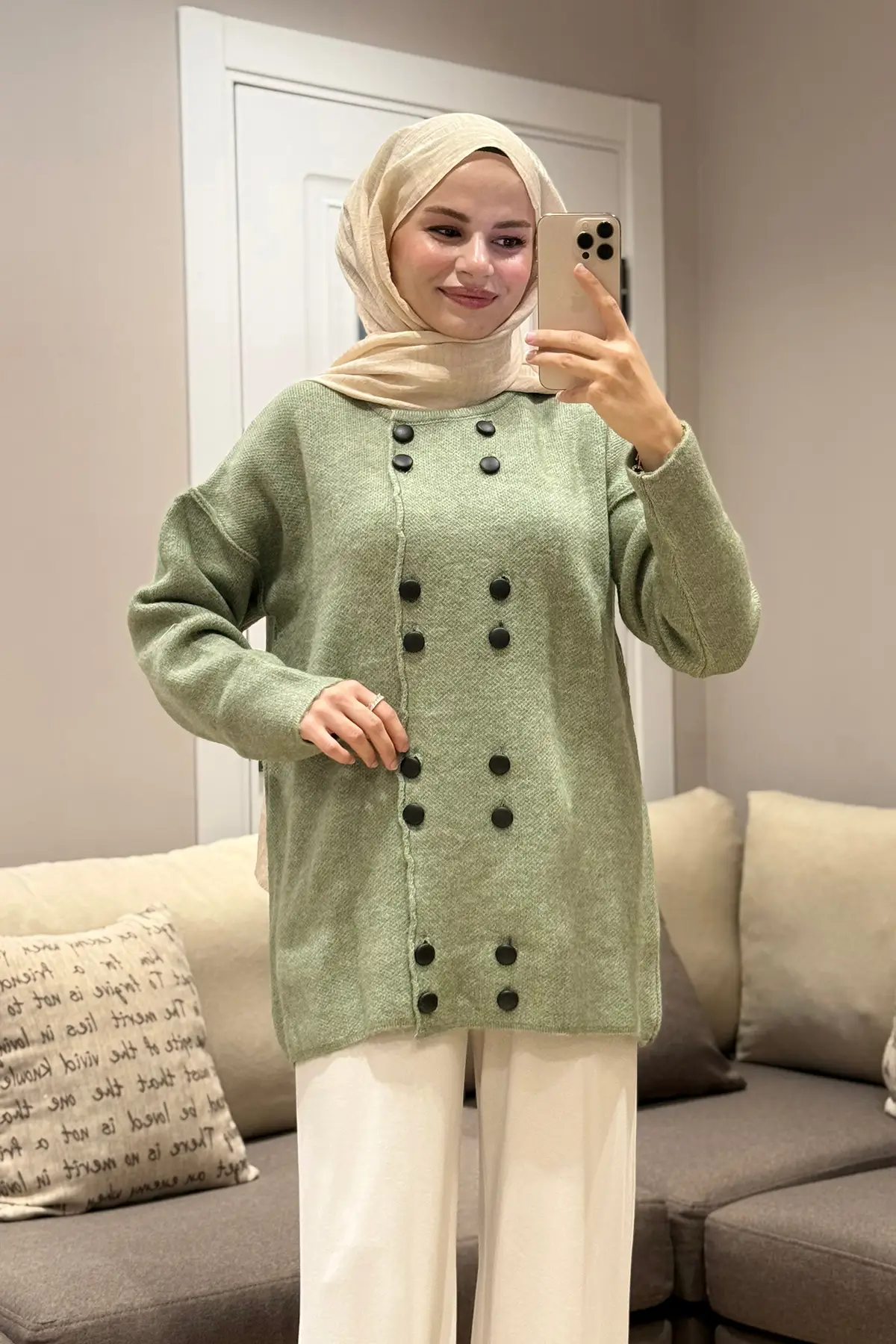 51231 - Şık Rahat Keçe-Polyester Düğmeli Detaylı Kadın Triko Uzun Hırka - Yeşil