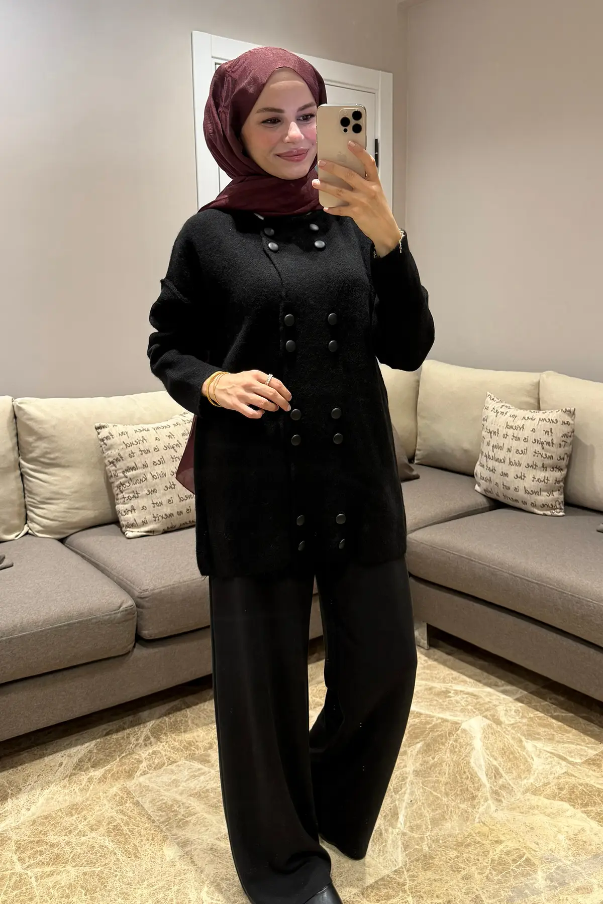 51231 - Şık Rahat Keçe-Polyester Düğmeli Detaylı Kadın Triko Uzun Hırka - Siyah
