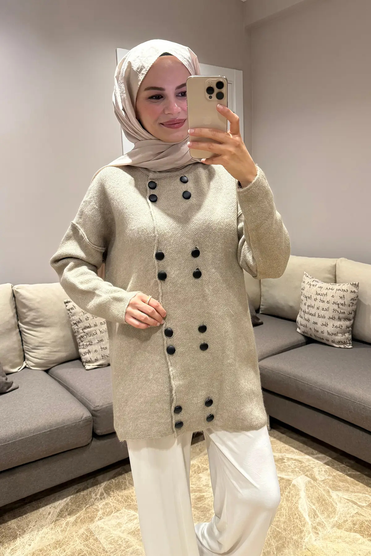 51231 - Şık Rahat Keçe-Polyester Düğmeli Detaylı Kadın Triko Uzun Hırka - Haki