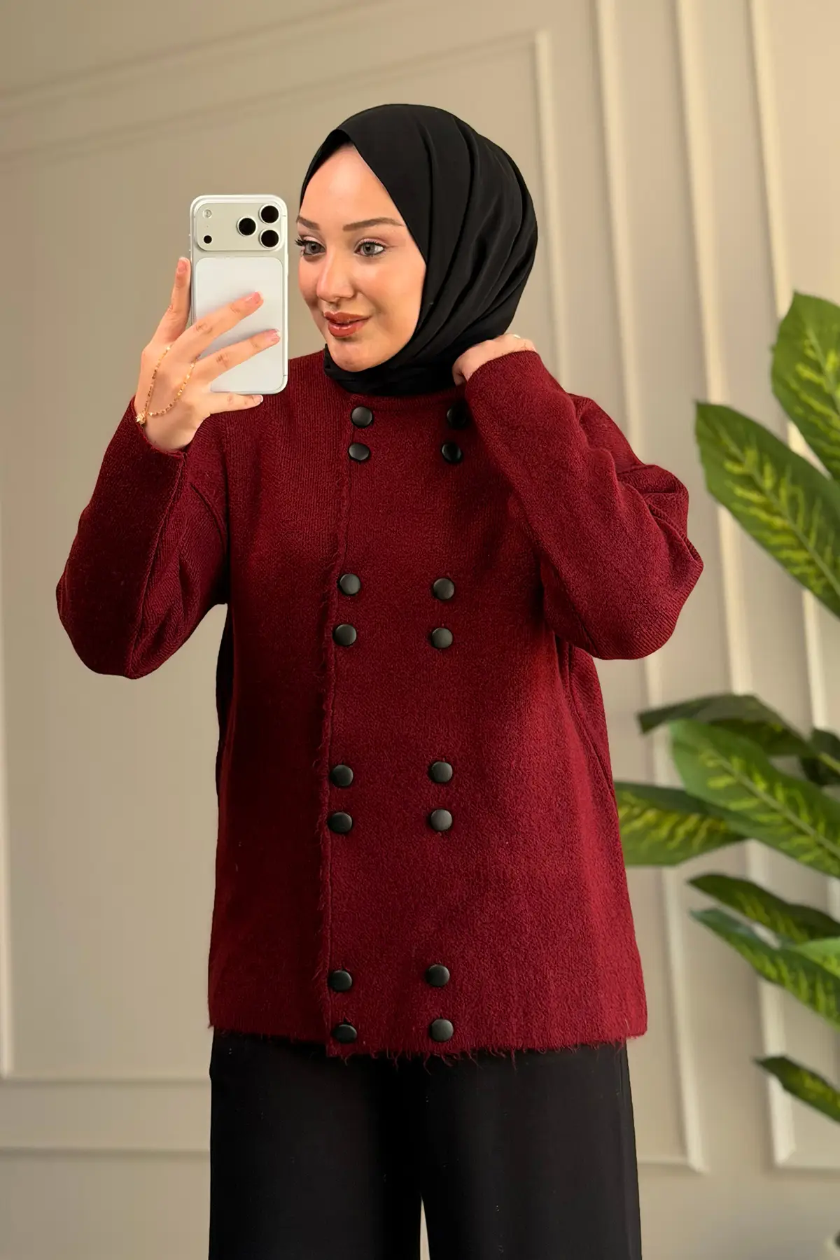 51231 - Şık Rahat Keçe-Polyester Düğmeli Detaylı Kadın Triko Uzun Hırka - Bordo