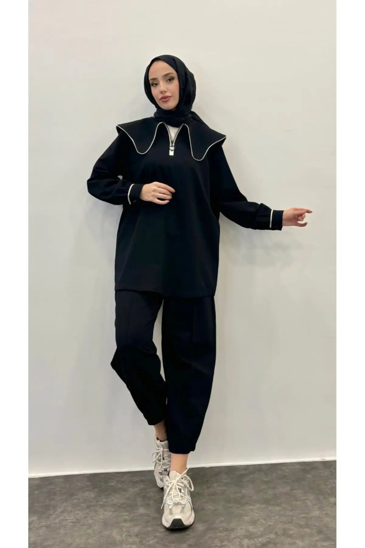 5195 - 2 İplik Poplin Ara Biyeli Kadın Takım - Siyah