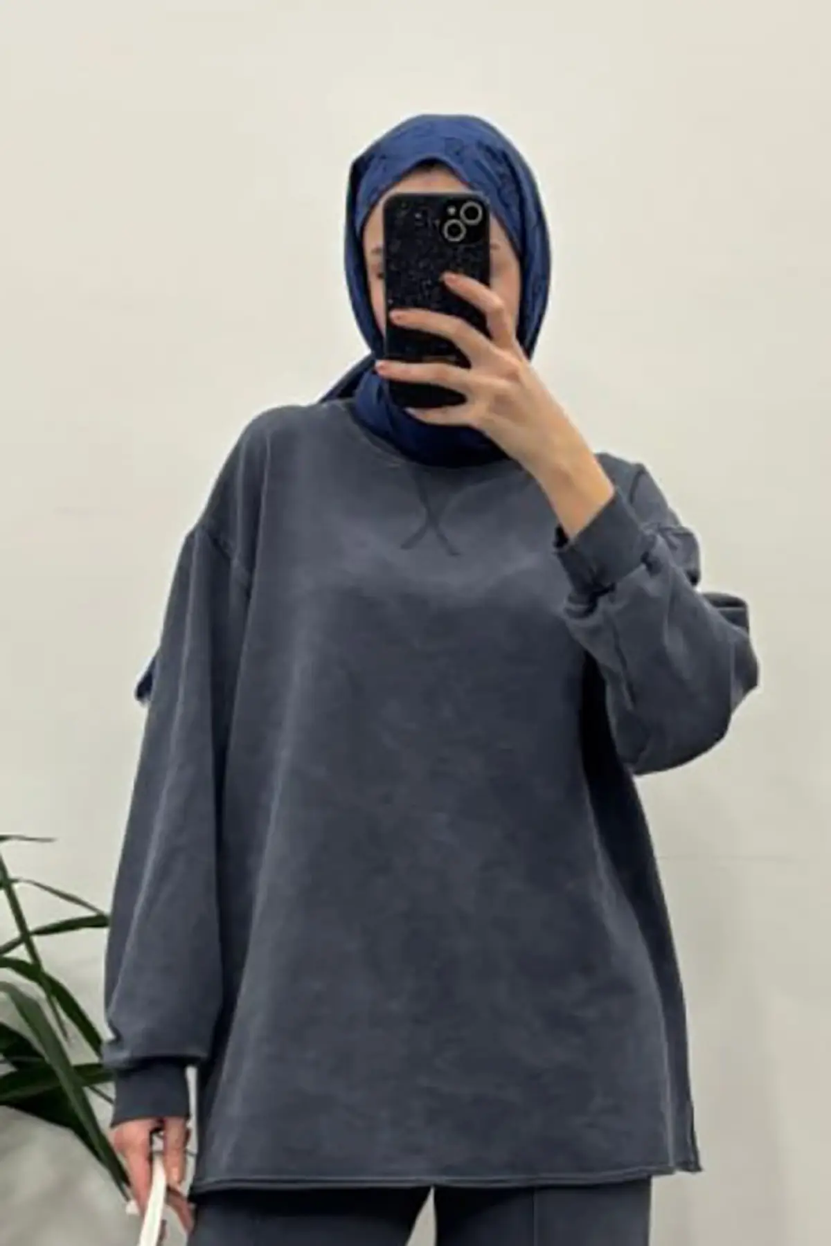 5234 - 2 Iplik Soft Yıkamalı Salaş Basic Kadın Sweatshirt - Füme